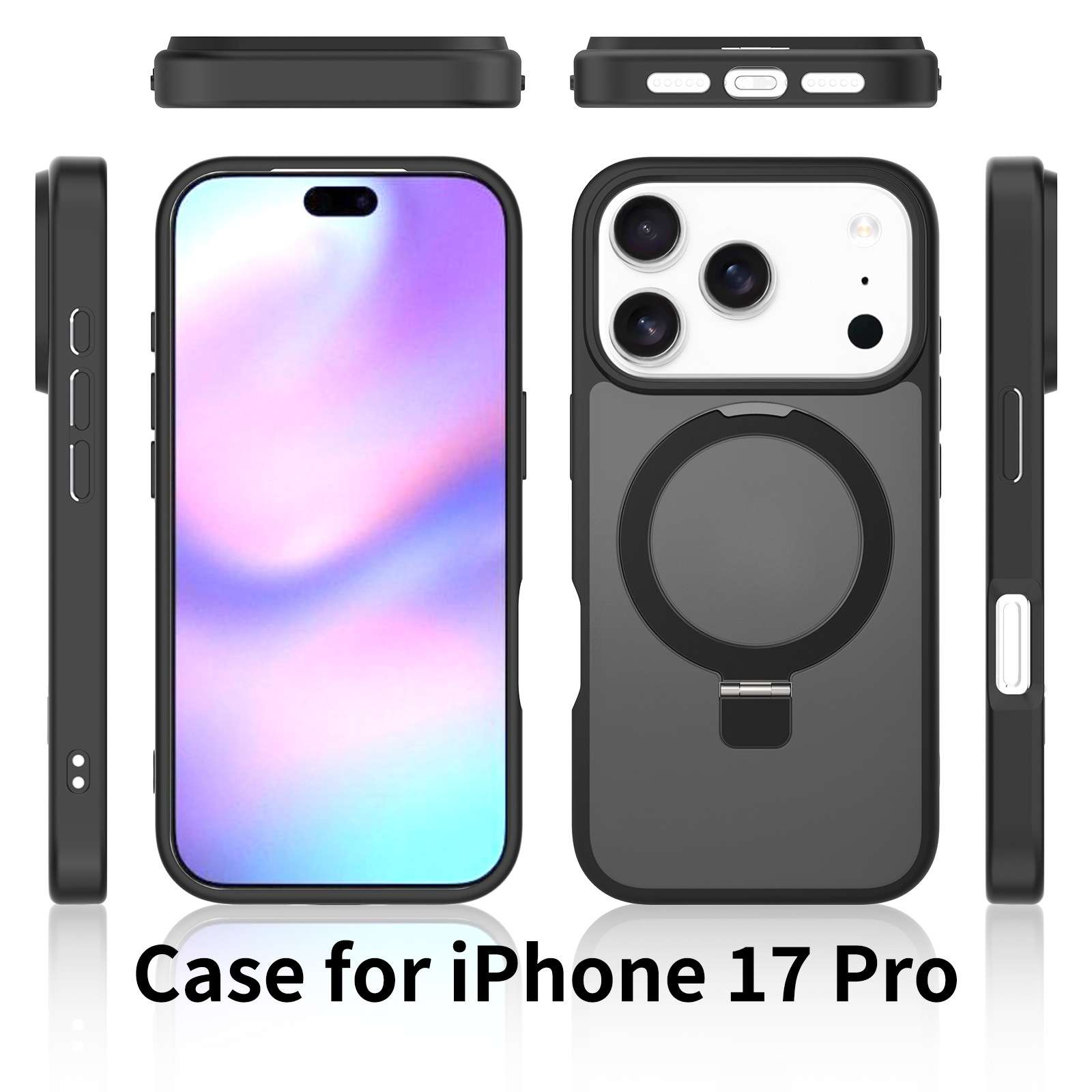 Schwarze iPhone 17 Pro Hülle. Das Bild zeigt die Vorder-, Rück- und Seitenansichten der Hülle.