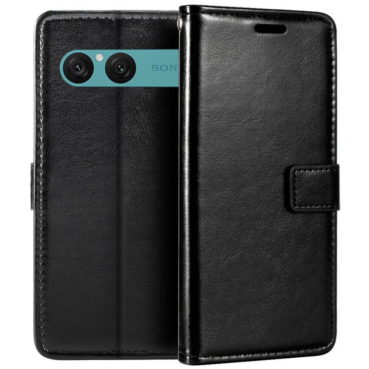 Schwarze Leder-Handyhülle, offen, um das Telefon zu zeigen. Türkisfarbenes Kameramodul und Sony-Logo. Geschlossene Klappe mit Magnetverschluss.