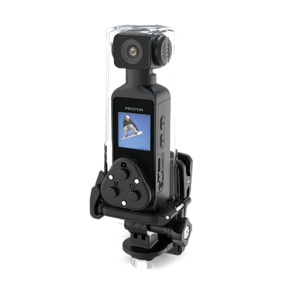 Czarna kamera sportowa z przezroczystą obudową. Ekran pokazuje osobę uprawiającą snowboard. Przyciski i porty z boku.