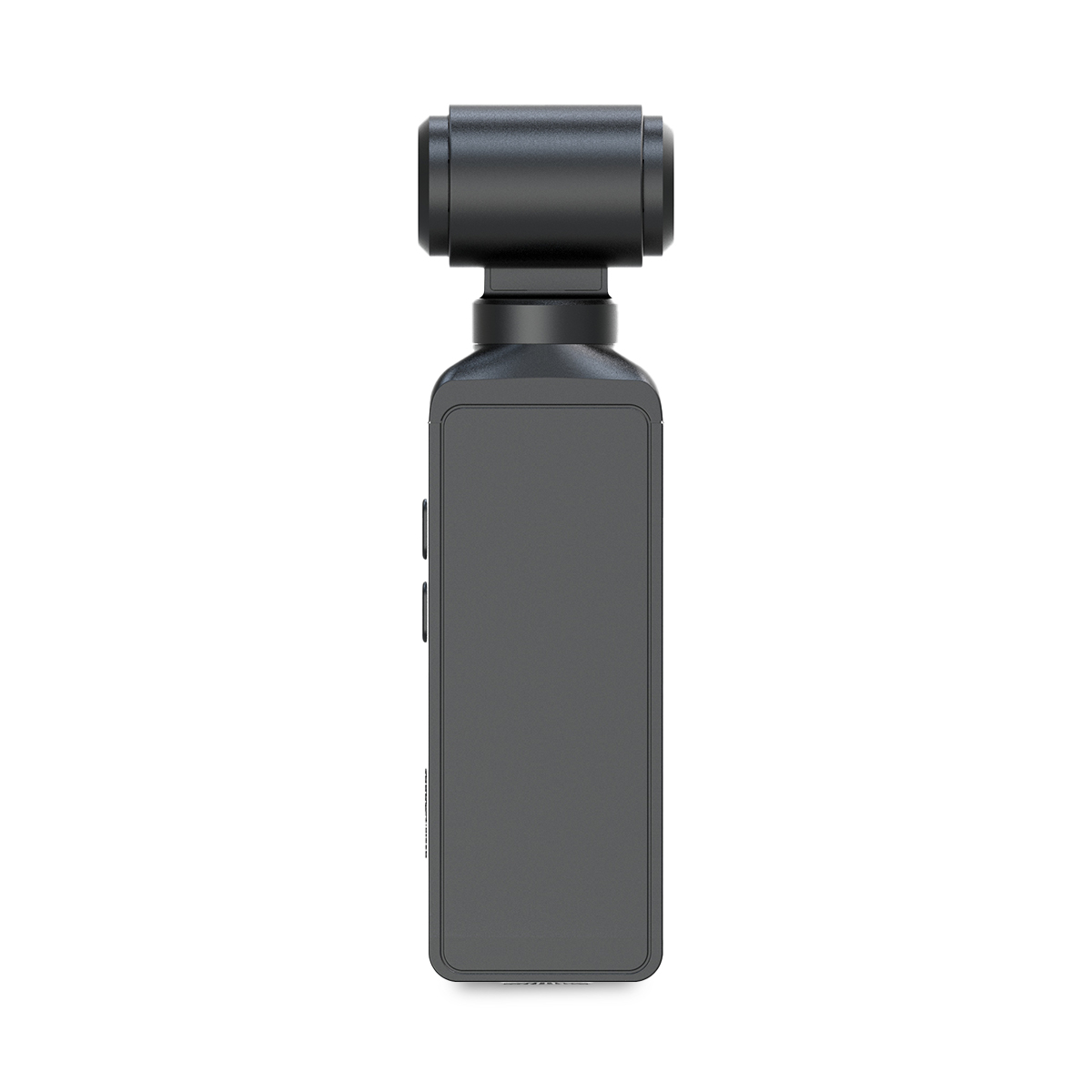 Przenośny, ciemnoszary aparat z prostokątnym korpusem i cylindryczną górą, na białym tle. Dwa przyciski widoczne z boku.