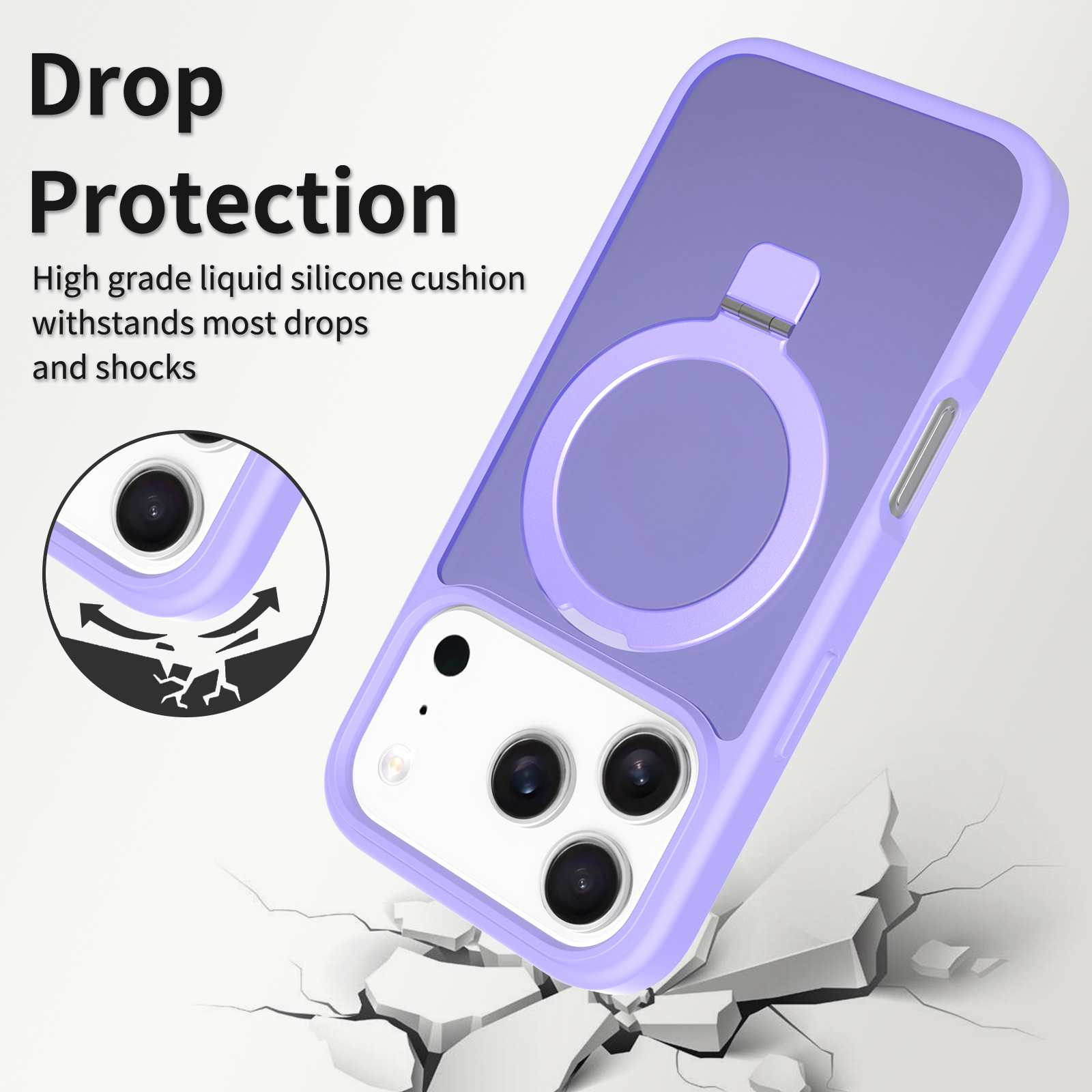 Lila Handyhülle mit Ringhalter, darunter ein zerbrochener Boden. Text: 'Drop Protection'.