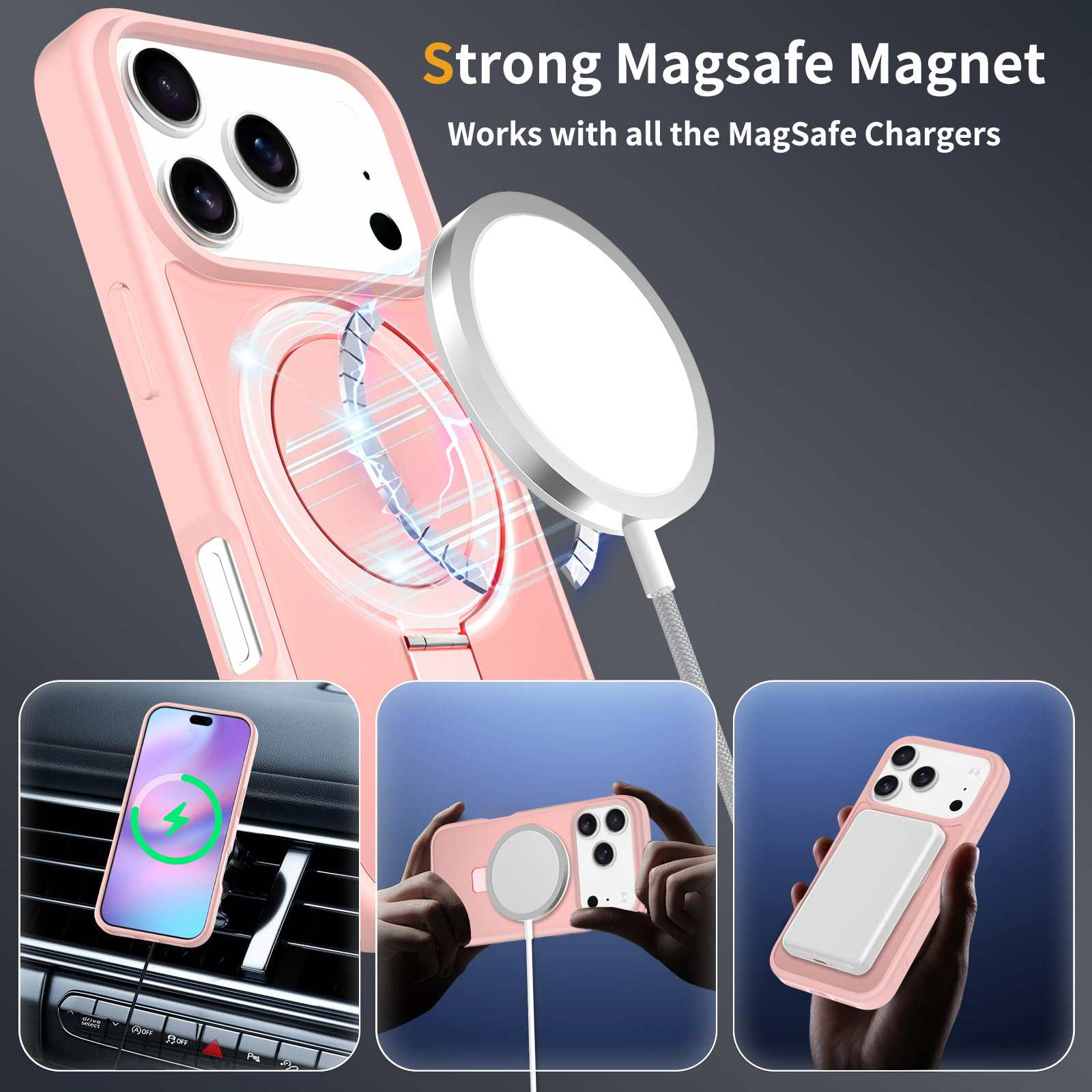 Rosa Handyhülle mit MagSafe-Ladegerät und Telefon. Das Telefon wird geladen. Produkt wird für MagSafe-Ladegeräte beworben.
