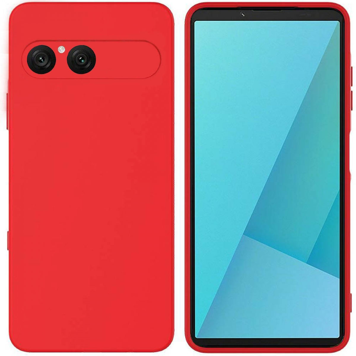 Zwei Telefone nebeneinander. Eines rot, mit Kameralinsen. Das andere zeigt einen blauen Bildschirm mit schwarzem Rand.