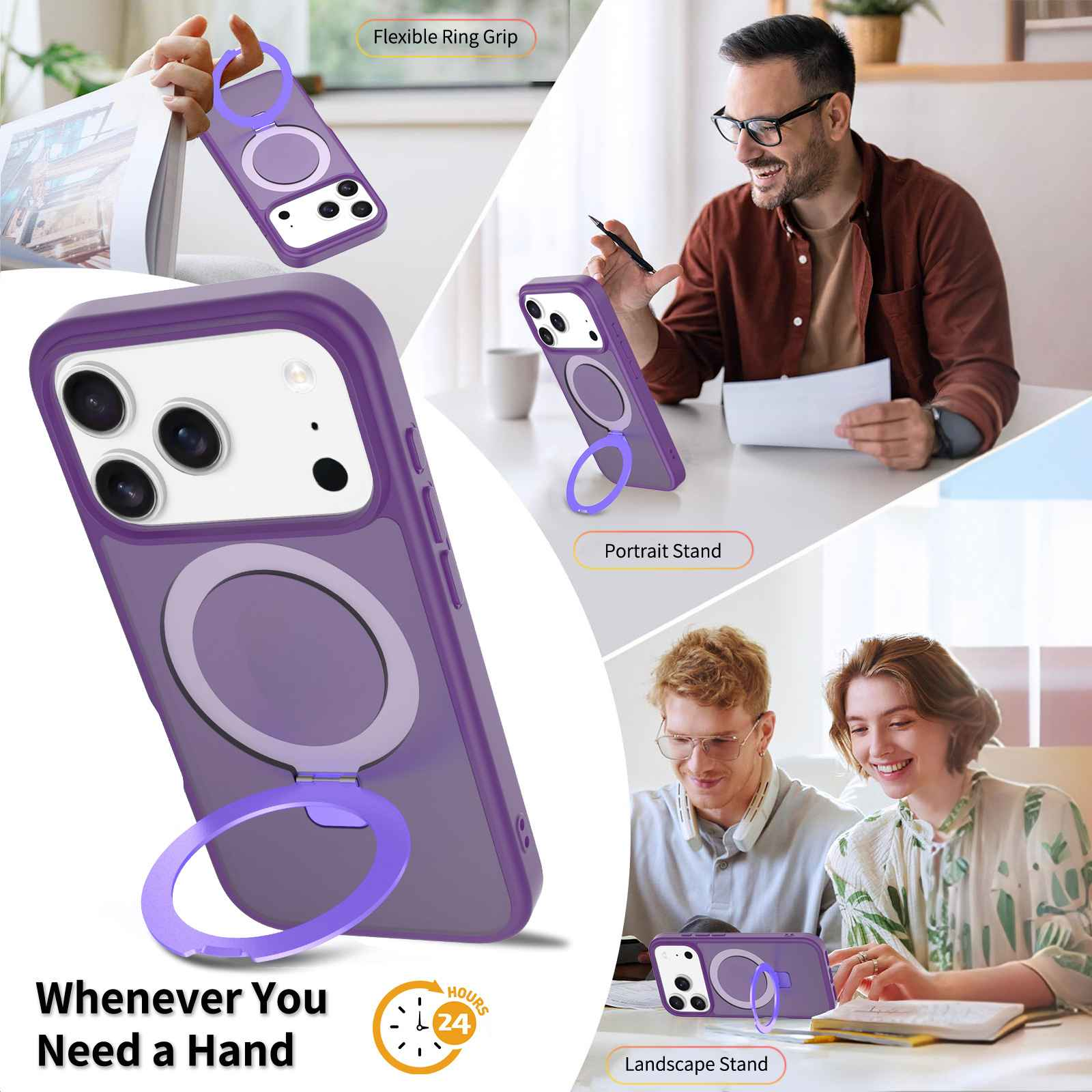 Lila Handyhülle mit Ringgriff, gezeigt in verschiedenen Szenarien, mit flexiblem Griff und Quer-/Hochformat-Ständer.