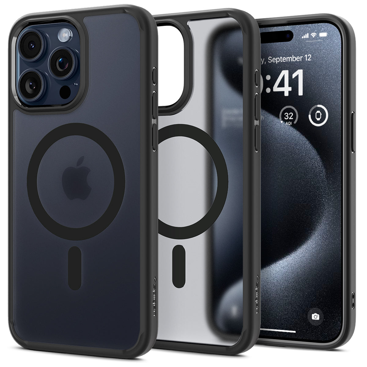 Drie iPhone-hoesjes: één zwart, één transparant en één met een telefoon die de tijd weergeeft. Allemaal met een magnetische ring.