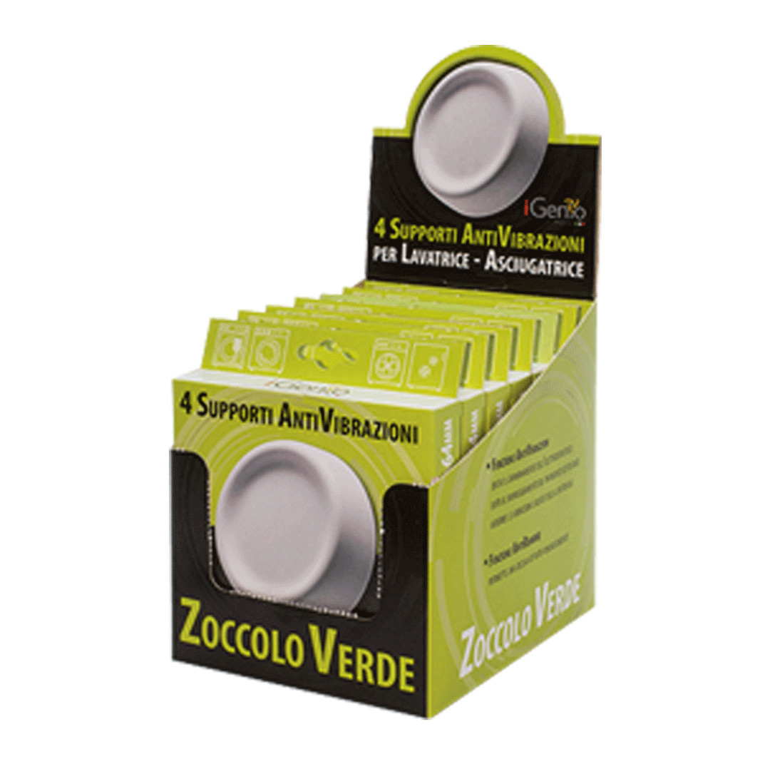Una scatola espositiva con la scritta '4 SUPPORTI ANTIVIBRAZIONI'. Contiene diverse scatole piccole, ognuna con un disco bianco. La scatola è verde e nera.