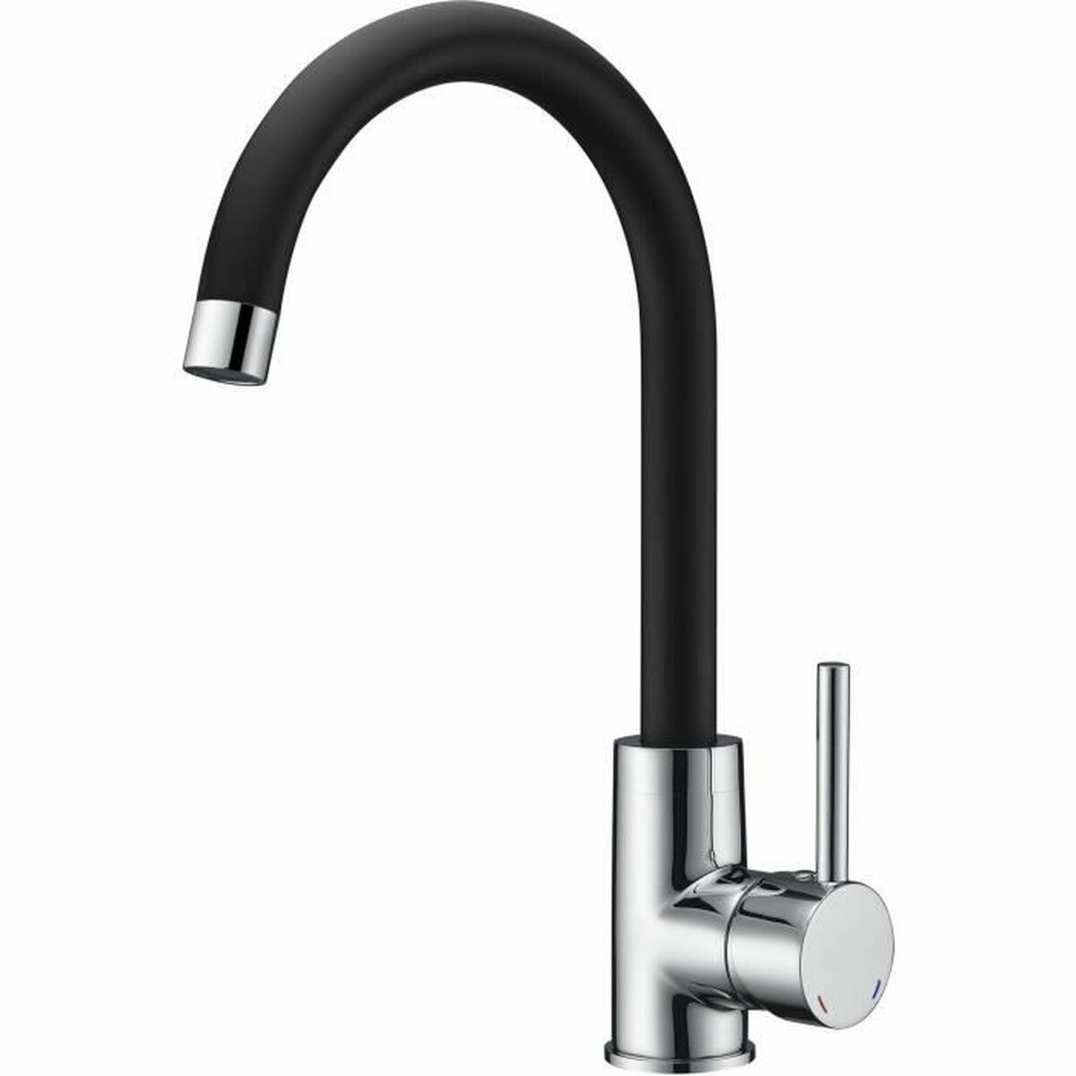 Un moderno rubinetto da cucina con un beccuccio nero curvo e una base cromata. Ha una maniglia per il controllo dell'acqua.