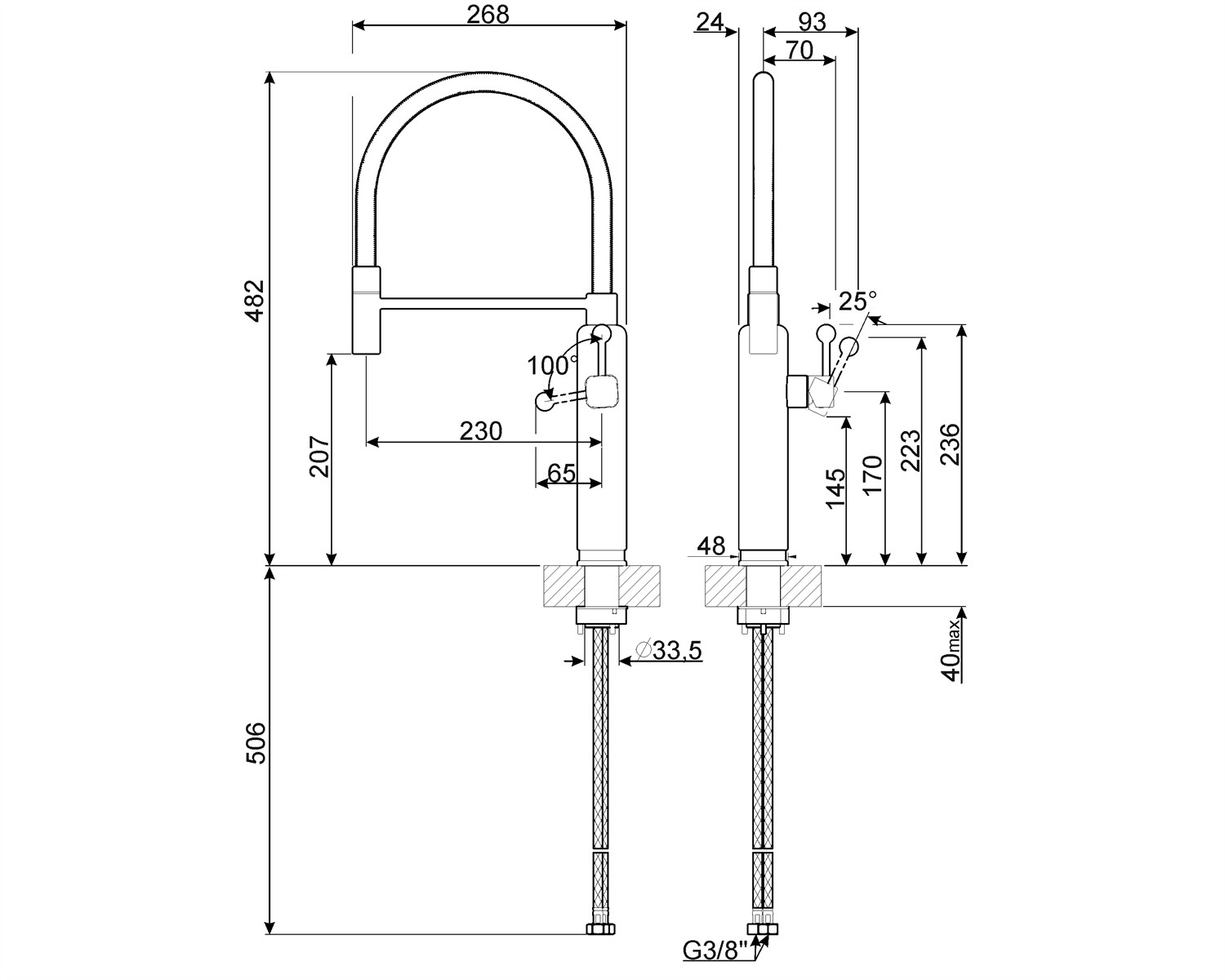 Dibujo técnico de un grifo con dimensiones. Incluye medidas en milímetros de altura, ancho y varios componentes.