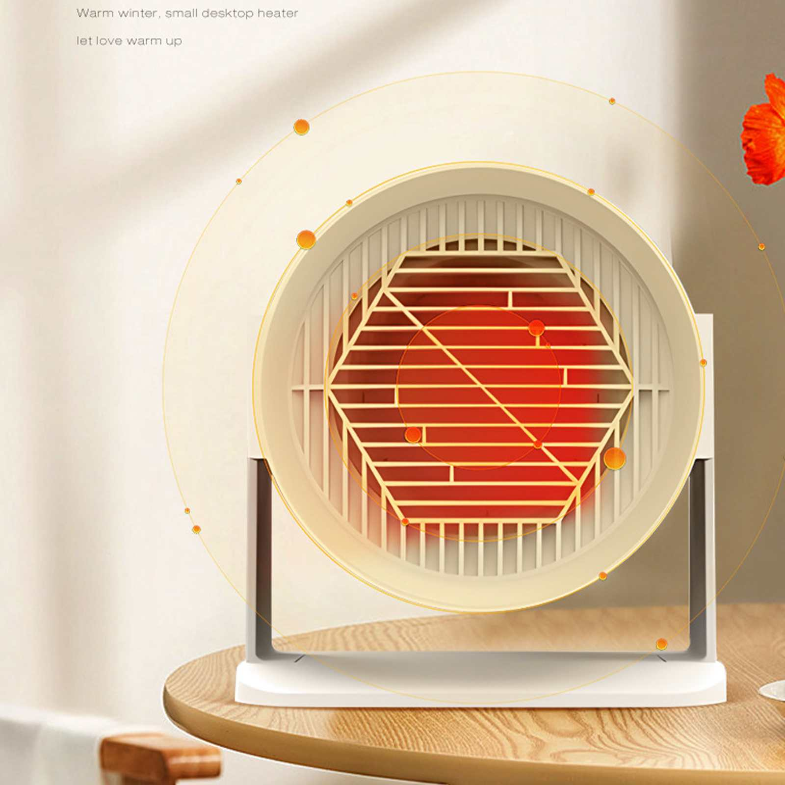 Ein kleiner weißer Tischheizer mit einem roten und orangefarbenen Heizelement. Er steht auf einem Holztisch.