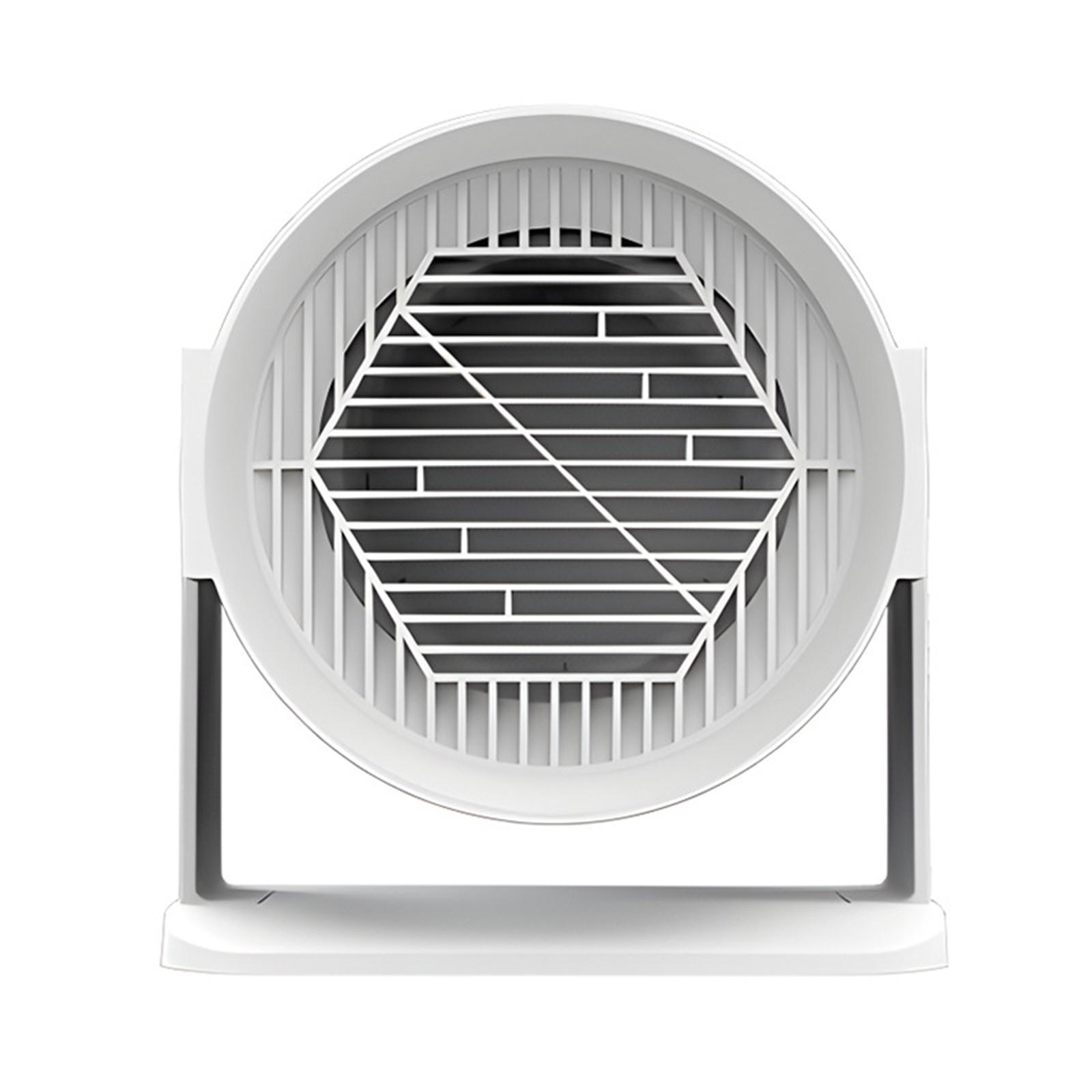 Ein weißer Ventilator mit rundem Rahmen und einem schwarzen, geometrischen Gitter. Er hat eine rechteckige Basis und vertikale Stützen.