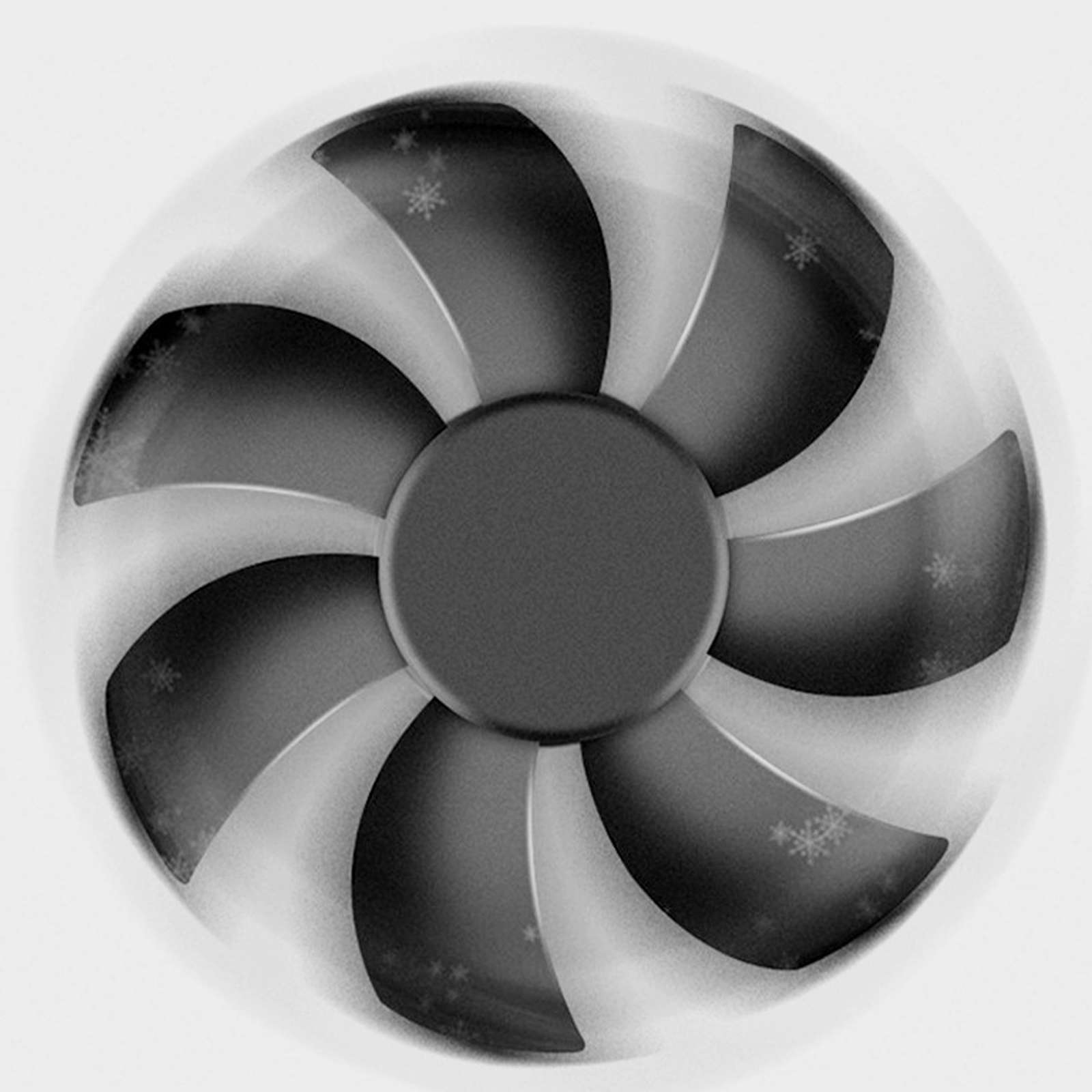 Nahaufnahme eines Computerlüfters. Er hat schwarze Flügel und eine zentrale Nabe. Der Hintergrund ist weiß.