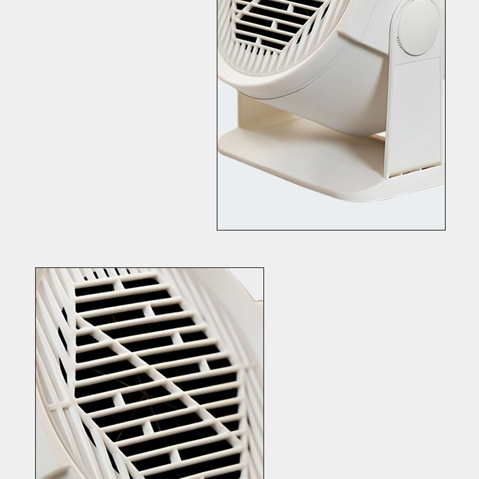 Weißer Ventilator, Ansicht von oben rechts. Der Ventilator hat ein weißes Gitter über schwarzen Flügeln und eine weiße Basis. Der Hintergrund ist weiß.