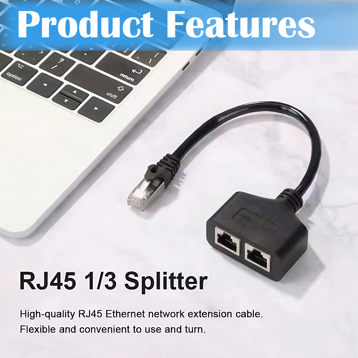 Schwarzes RJ45-Splitterkabel mit zwei Anschlüssen und einem Stecker auf weißer Oberfläche neben Laptop-Tastatur.