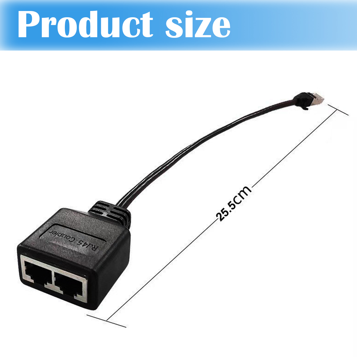 Ein schwarzer RJ45-Koppler mit zwei Anschlüssen, der mit einem Kabel verbunden ist. Die Gesamtlänge beträgt 25,5 cm. Die Produktgröße wird mit einem blauen Banner angezeigt.