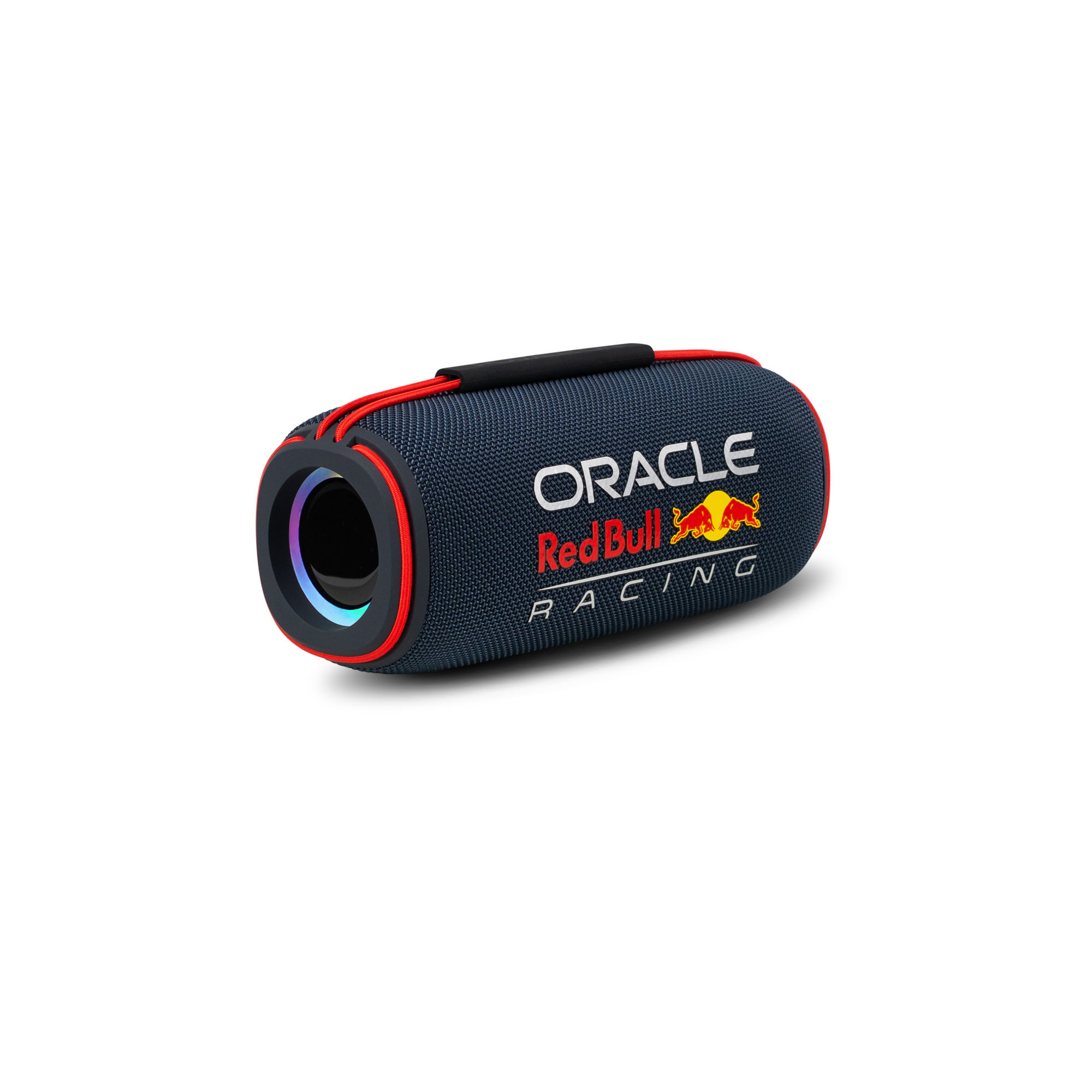 Ein zylindrischer Lautsprecher mit dem Oracle Red Bull Racing Logo auf weißem Hintergrund.