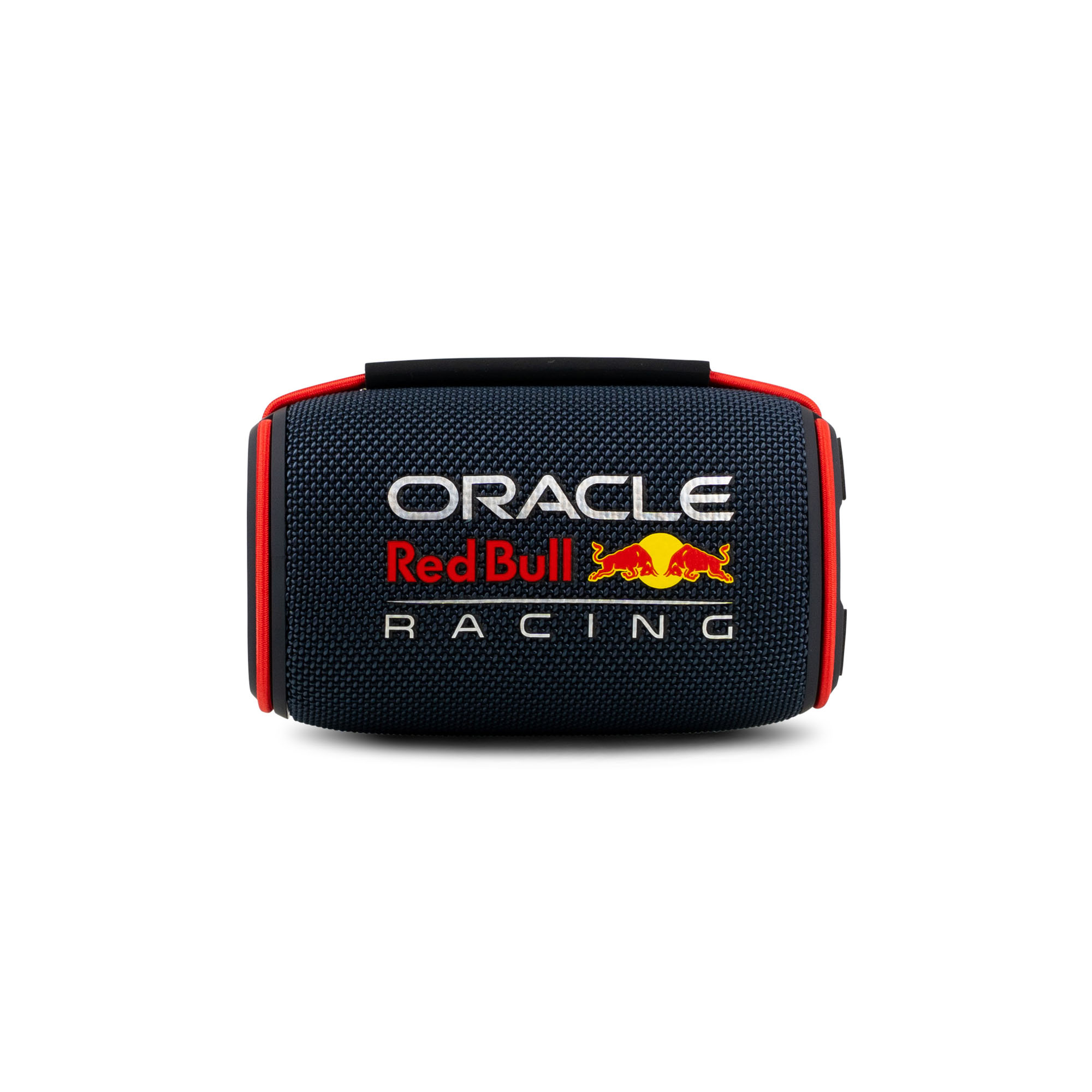 Ein zylindrischer marineblauer Lautsprecher mit roten Akzenten. Auf der Vorderseite befindet sich das Oracle Red Bull Racing-Branding.