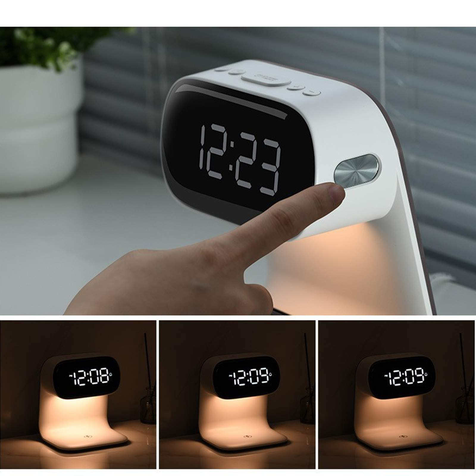 Eine Hand berührt eine weiße Digitaluhr, die 12:23 anzeigt. Die Szene umfasst eine Pflanze in einem Topf und drei zusätzliche Uhrenanzeigen.