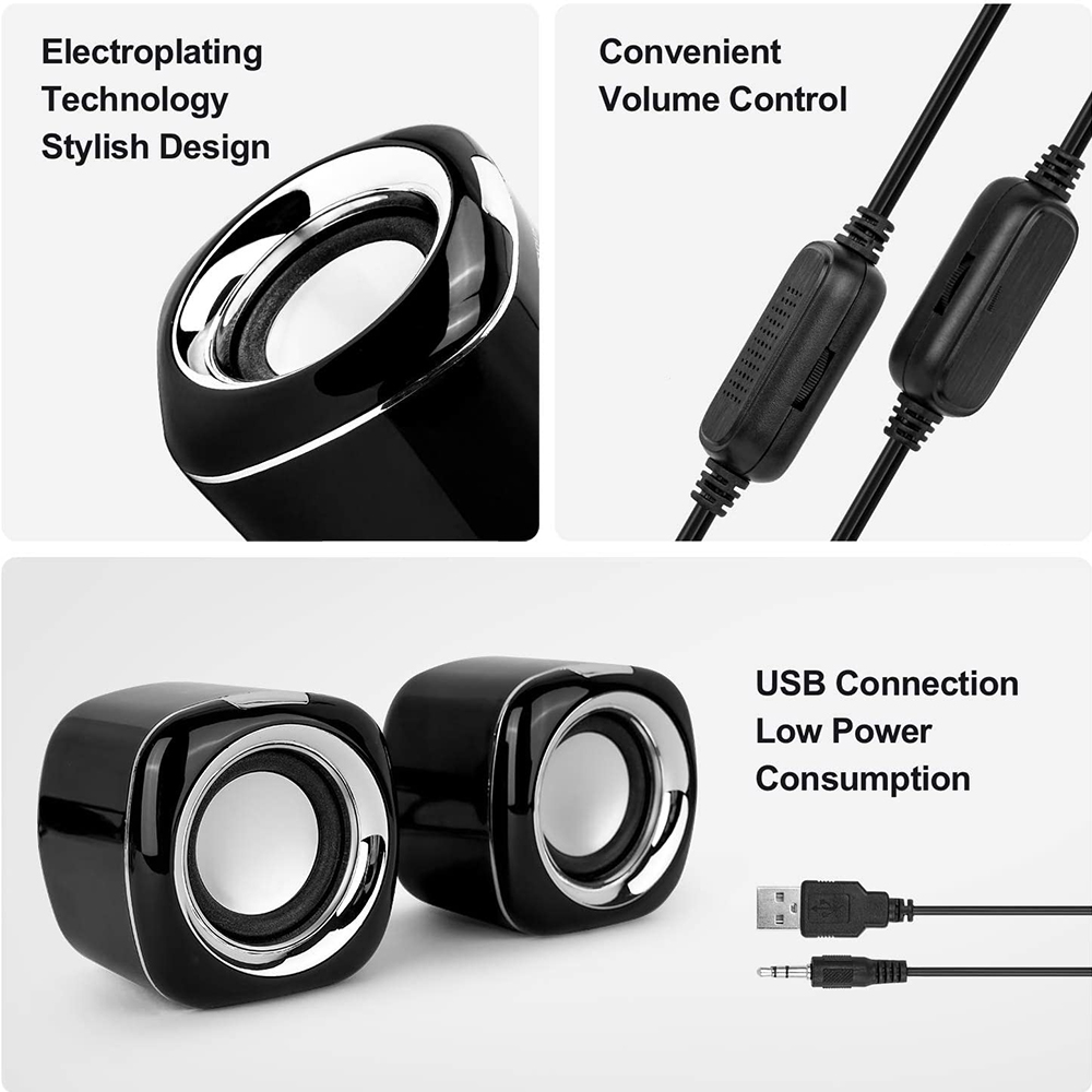 Das Bild zeigt schwarze Lautsprecher mit silbernen Akzenten, Lautstärkeregelung und USB-Anschluss. Text hebt Galvanisierung, Design und geringen Stromverbrauch hervor.