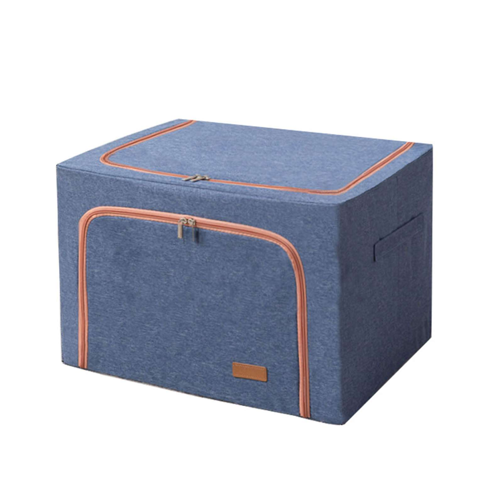 Eine blaue Aufbewahrungsbox mit orangefarbenen Reißverschlussdetails. Sie hat ein kleines braunes Etikett und einen Griff an der Seite.