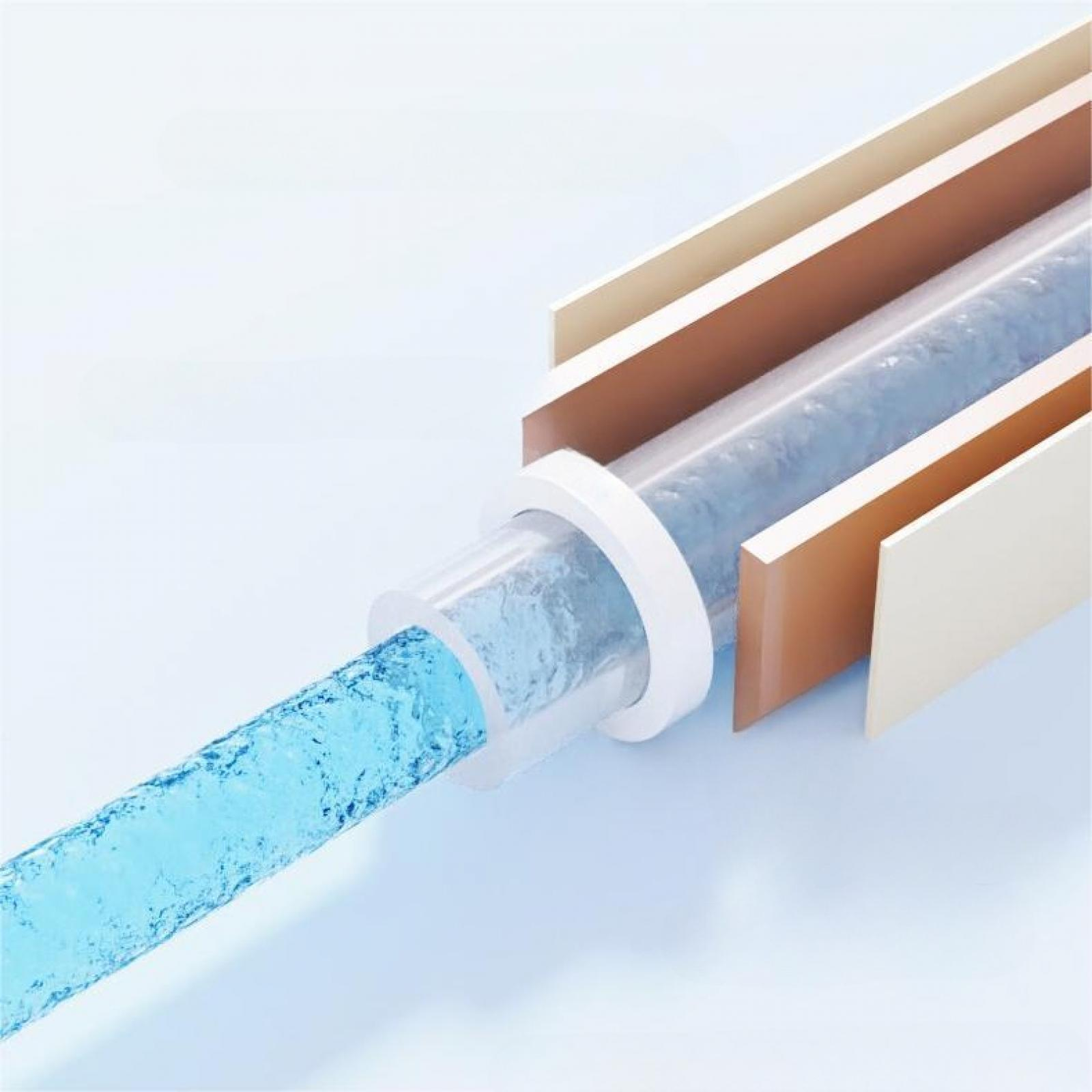 Ein klarer Schlauch mit fließender blauer Flüssigkeit. Er wird von beige-weißen Strukturen eingerahmt. Der Hintergrund ist ein Farbverlauf.