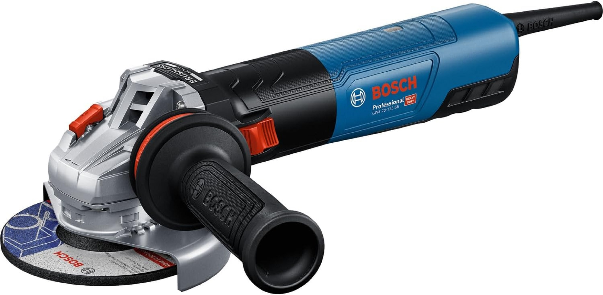Mavi ve siyah bir Bosch GWS 20-125 SB açılı taşlama makinesi, taşlama diski ile. Yan tutacağı ve güç kablosu vardır.