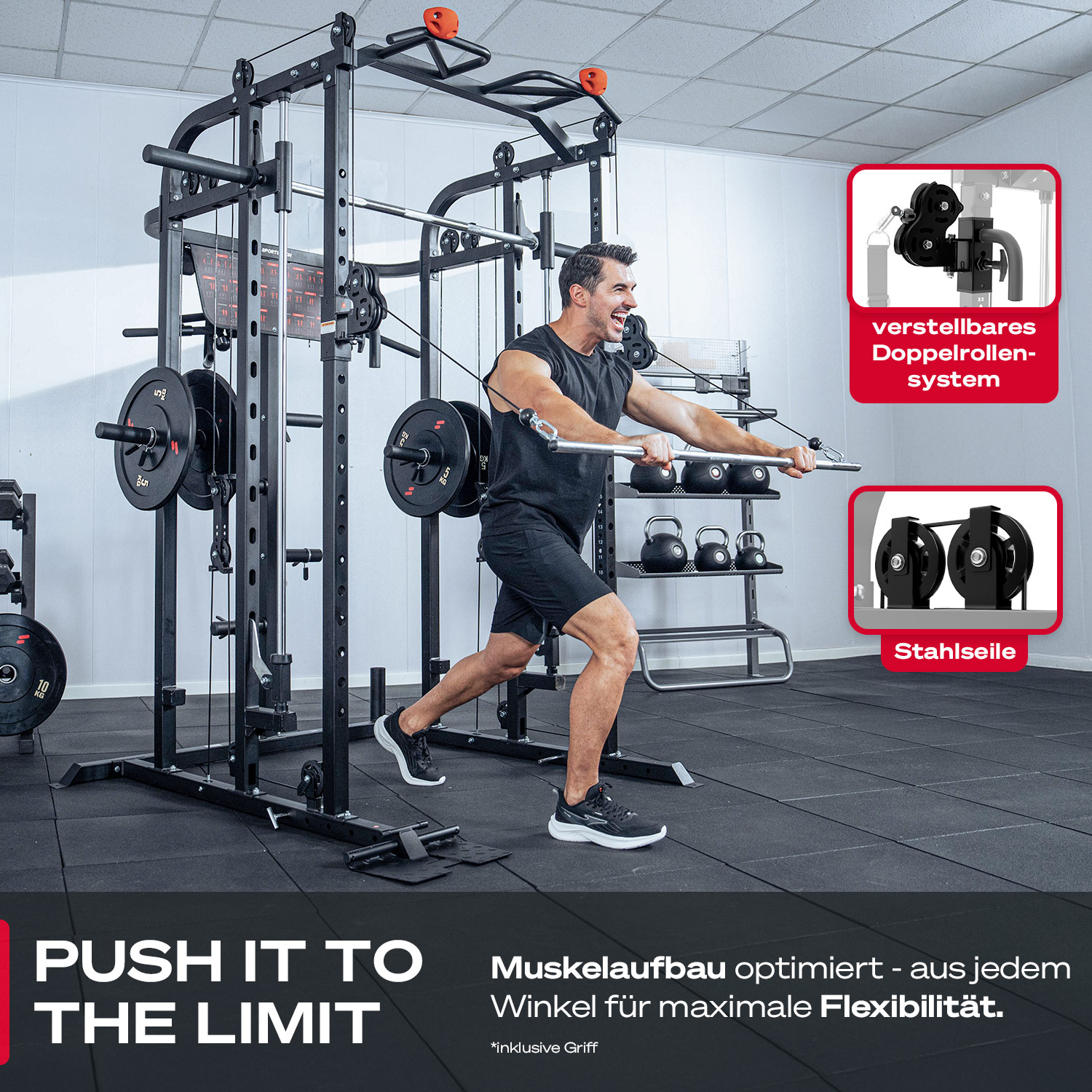 Ein Mann trainiert mit einem Kabelzug in einem Fitnessstudio. Gewichte und Fitnessgeräte sind sichtbar. Der Satz 'PUSH IT TO THE LIMIT' wird angezeigt.
