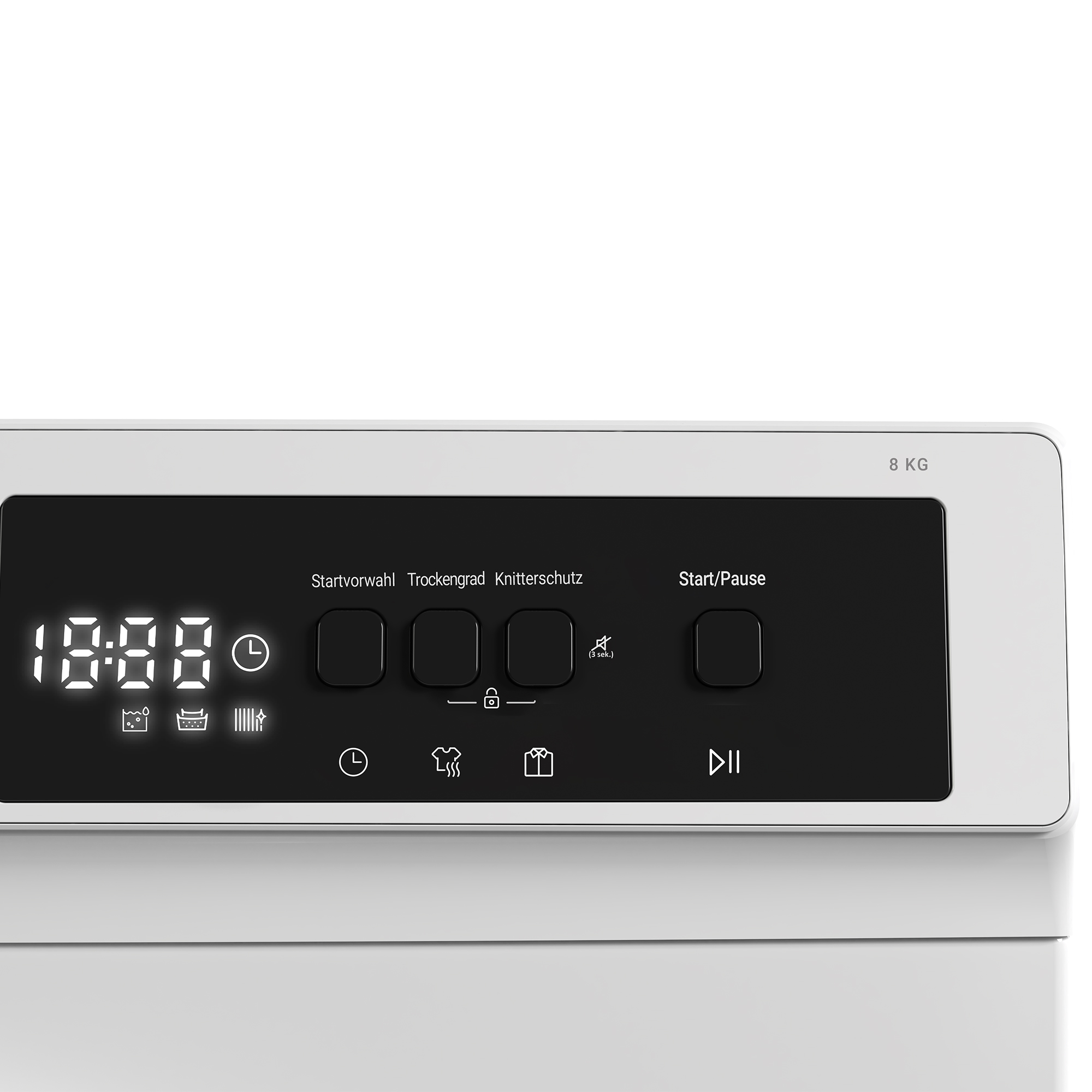 Nahaufnahme des Bedienfelds einer Waschmaschine. Es hat eine Digitalanzeige. Knöpfe und Symbole sind sichtbar.