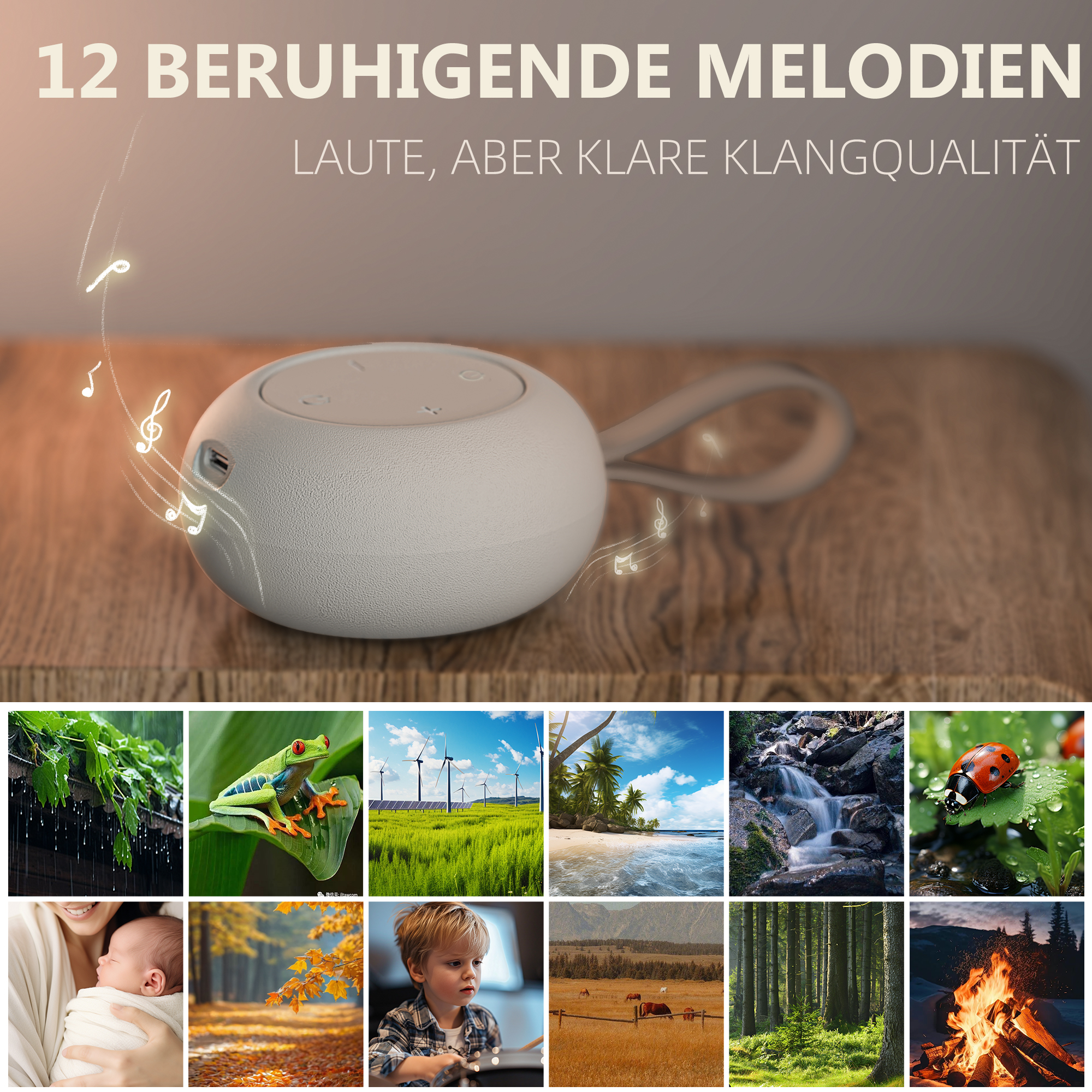Ein weißer Lautsprecher mit Griff, Noten und 12 Bildern von Naturszenen, einem Baby und einem Kind.