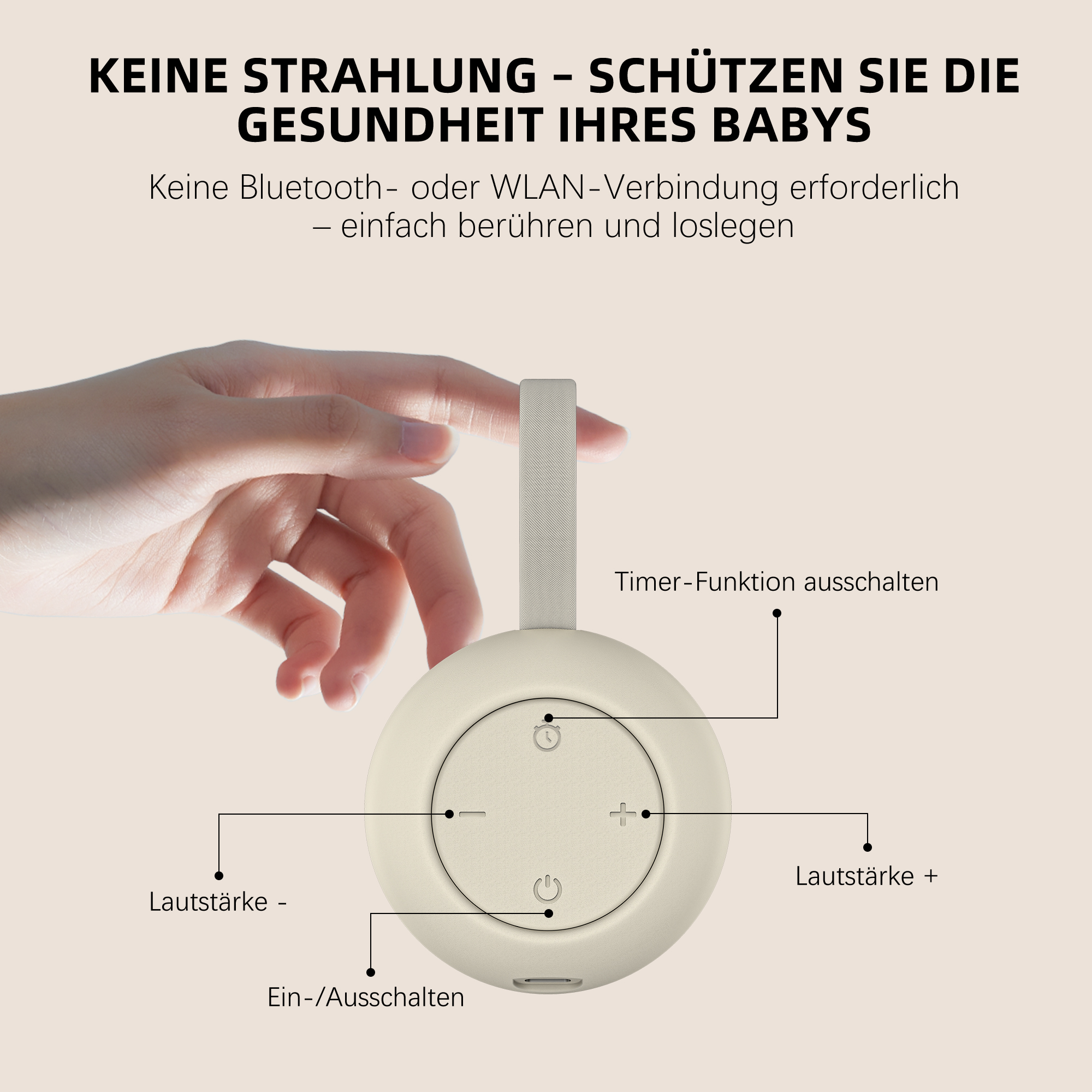 Eine Hand hält ein beiges Gerät. Text zeigt Lautstärke-, Ein-/Aus- und Timer-Steuerungen. Der Hintergrund ist hellbeige.