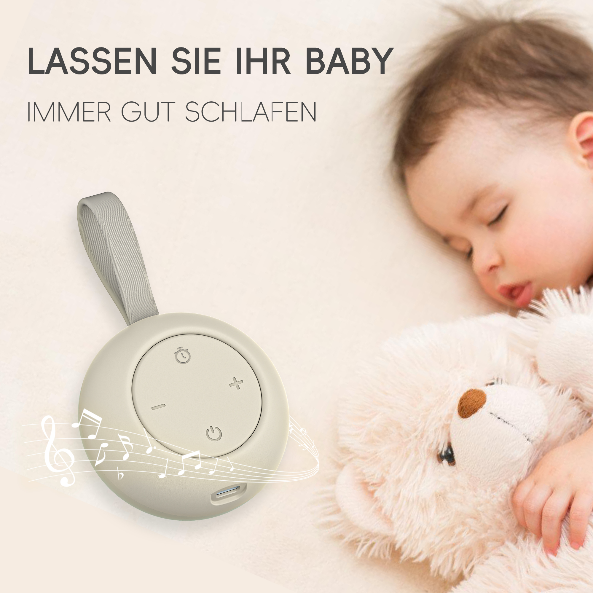 Ein Baby schläft neben einem Teddybär. Eine beige Soundmaschine mit Noten schwebt in der Nähe.