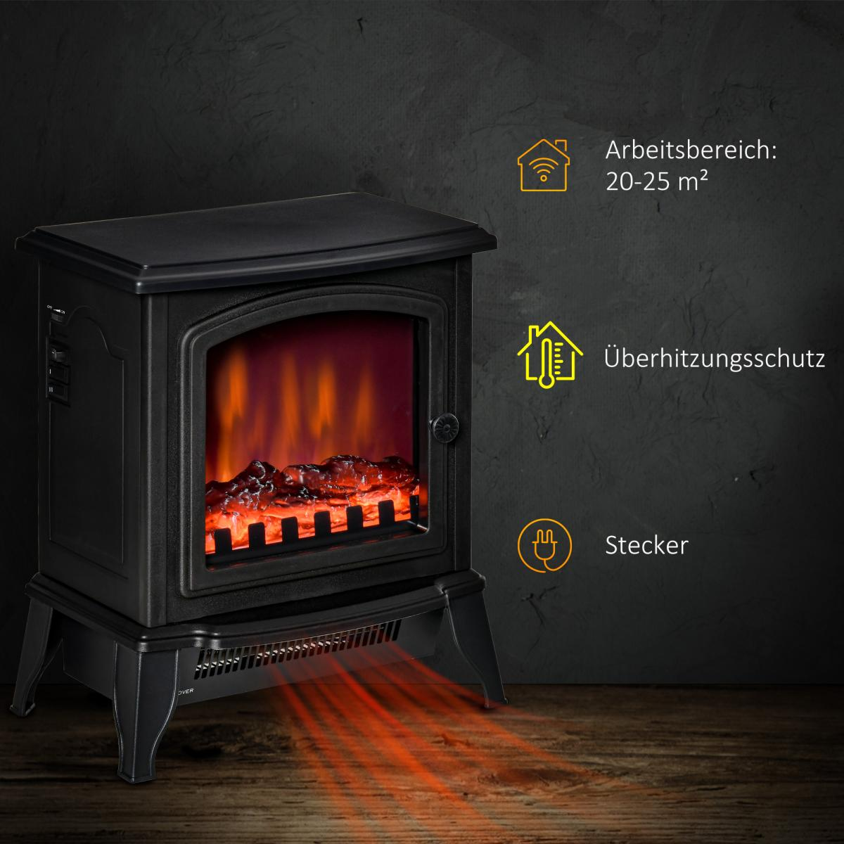 Ein schwarzer elektrischer Kamin mit simuliertem Feuer. Text beinhaltet 'Arbeitsbereich', 'Überhitzungsschutz' und 'Stecker'.
