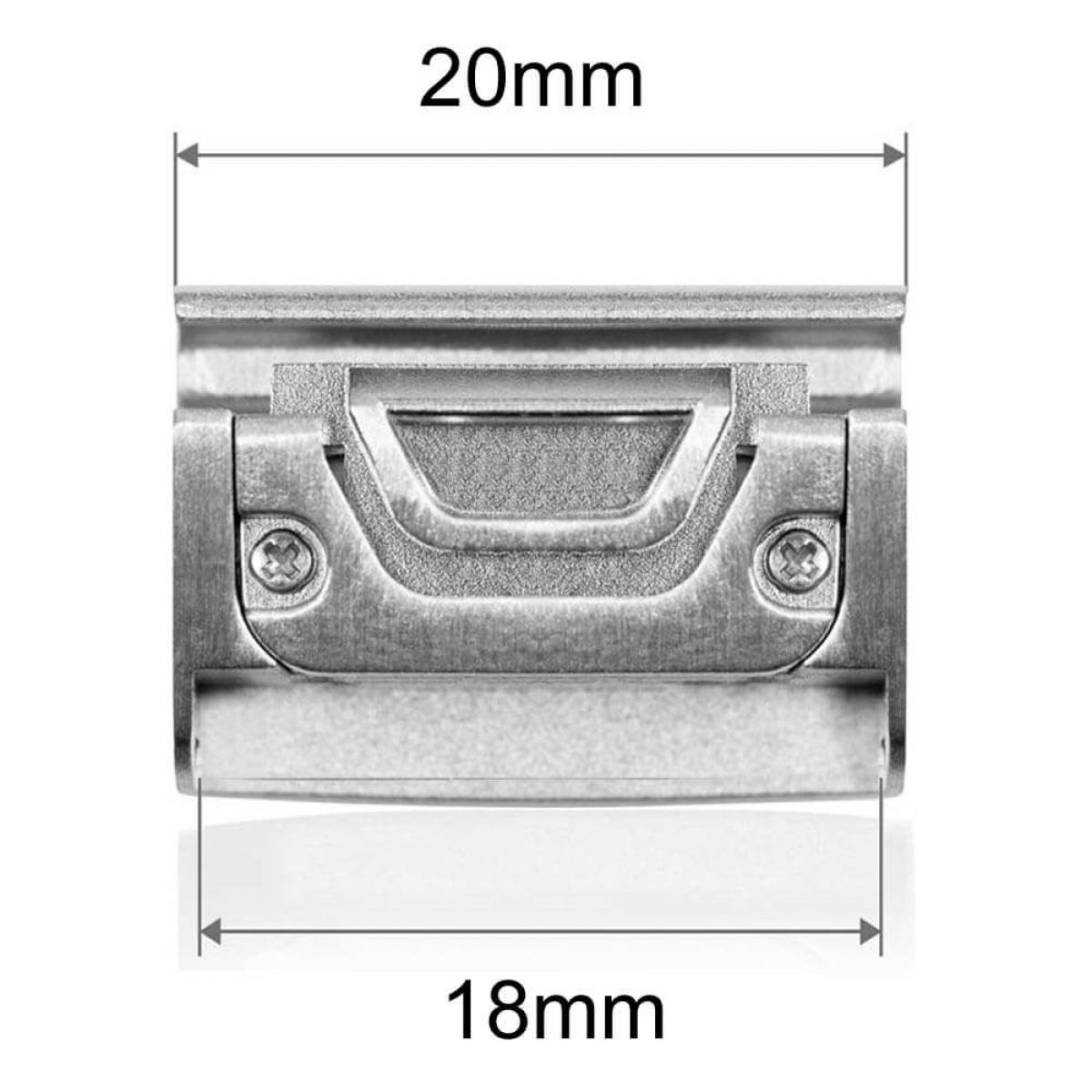 Metallkomponente mit den Maßen 20 mm und 18 mm. Pfeile zeigen die Messpunkte auf dem rechteckigen Objekt an.