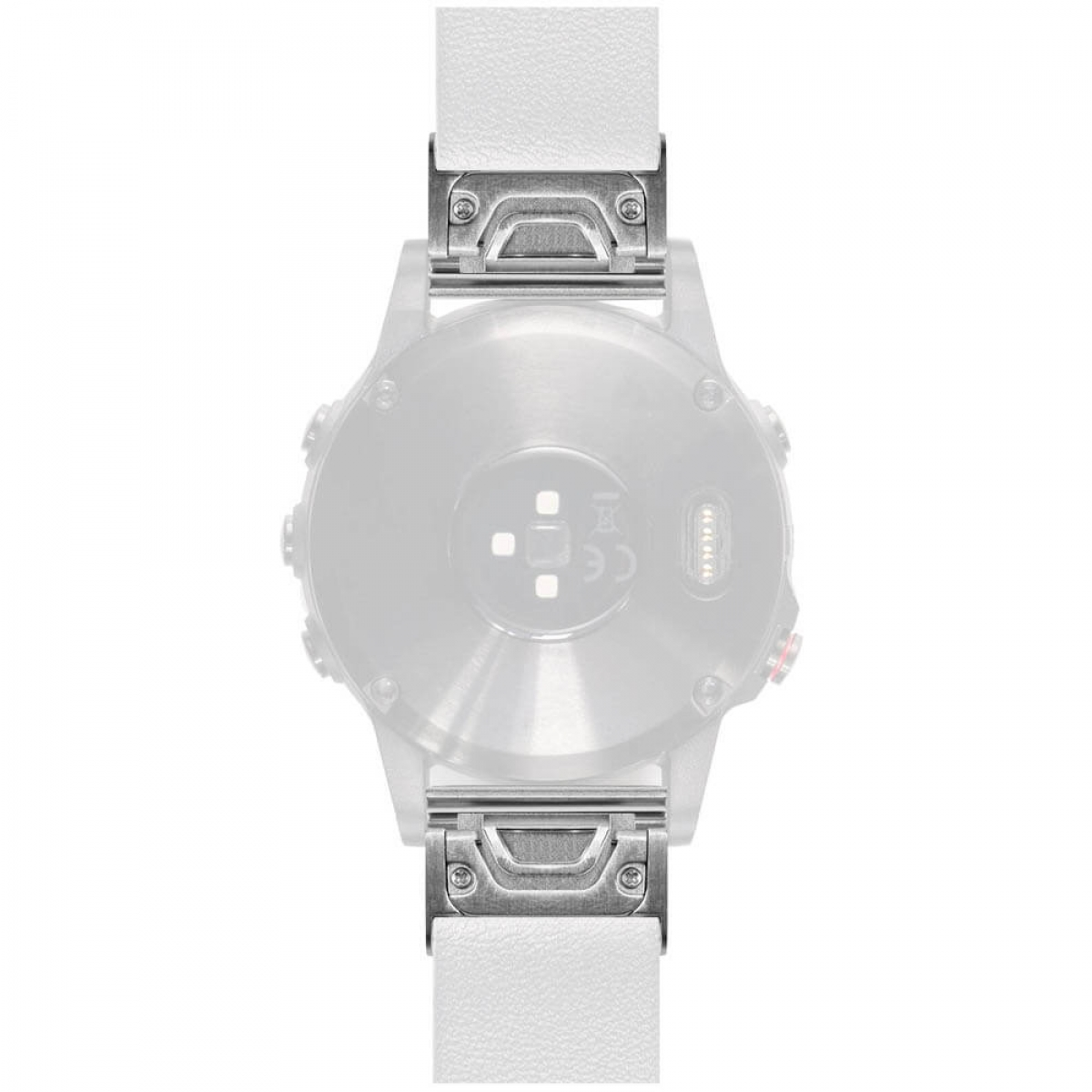 Eine Uhr mit silbernem Gehäuse und weißen Armbändern. Die Uhr ist nach oben gerichtet. Die Armbänder sind mit silbernen Verbindern am Uhrengehäuse befestigt.