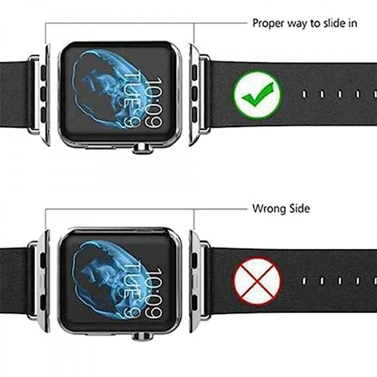 Zwei Apple Watches zeigen die korrekte und inkorrekte Bandbefestigung. Oben ein grünes Häkchen, unten ein rotes X für falsch.