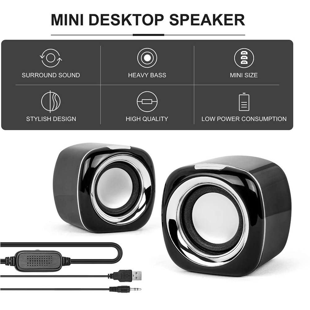 Zwei schwarze Mini-Desktop-Lautsprecher mit silbernen Ringen. Oben steht: MINI DESKTOP LAUTSPRECHER. Darunter: Symbole mit Text.