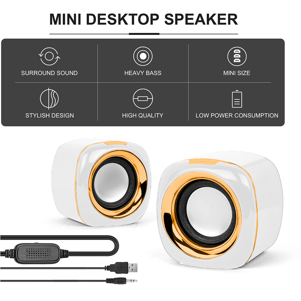 Zwei weiße und goldfarbene Mini-Desktop-Lautsprecher mit schwarzem Kabel, USB und Audioanschluss, mit Funktionssymbolen.