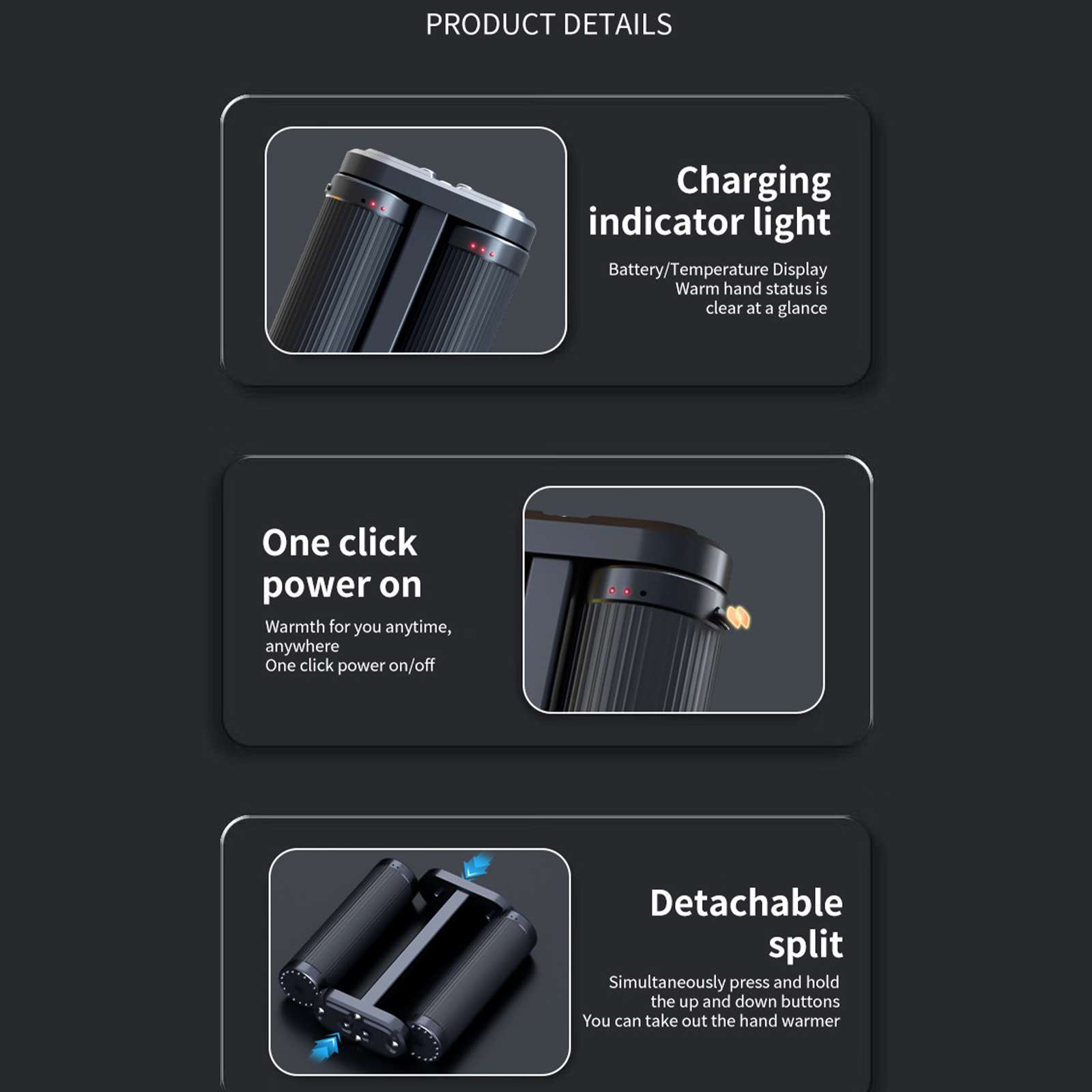 Das Bild zeigt Produktdetails. Enthält Ladeanzeige, Ein-Klick-Stromversorgung und abnehmbare Split-Funktionen.