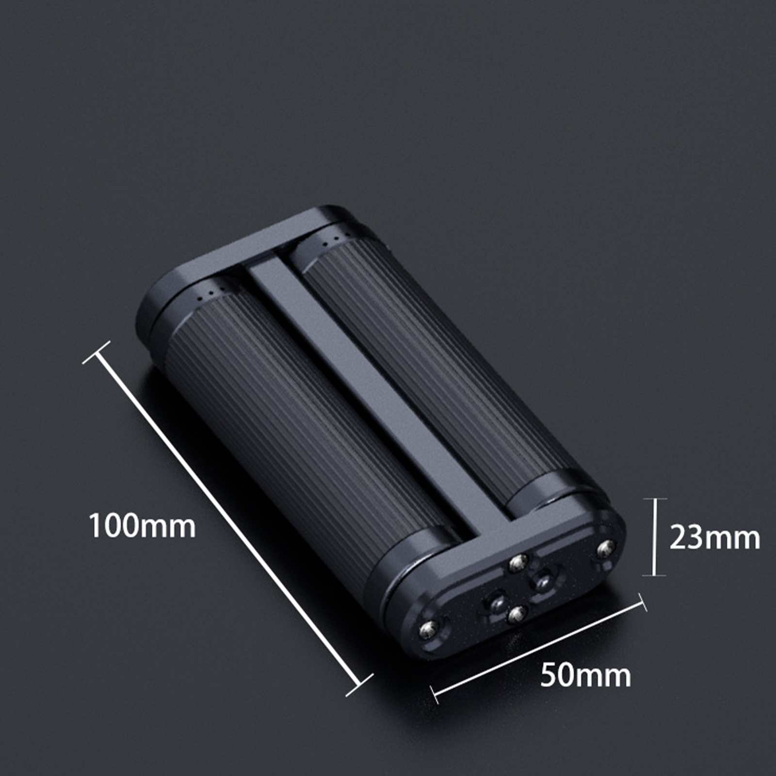 Ein schwarzes rechteckiges Gerät mit zwei zylindrischen Teilen, Maße: 100 mm, 50 mm, 23 mm.