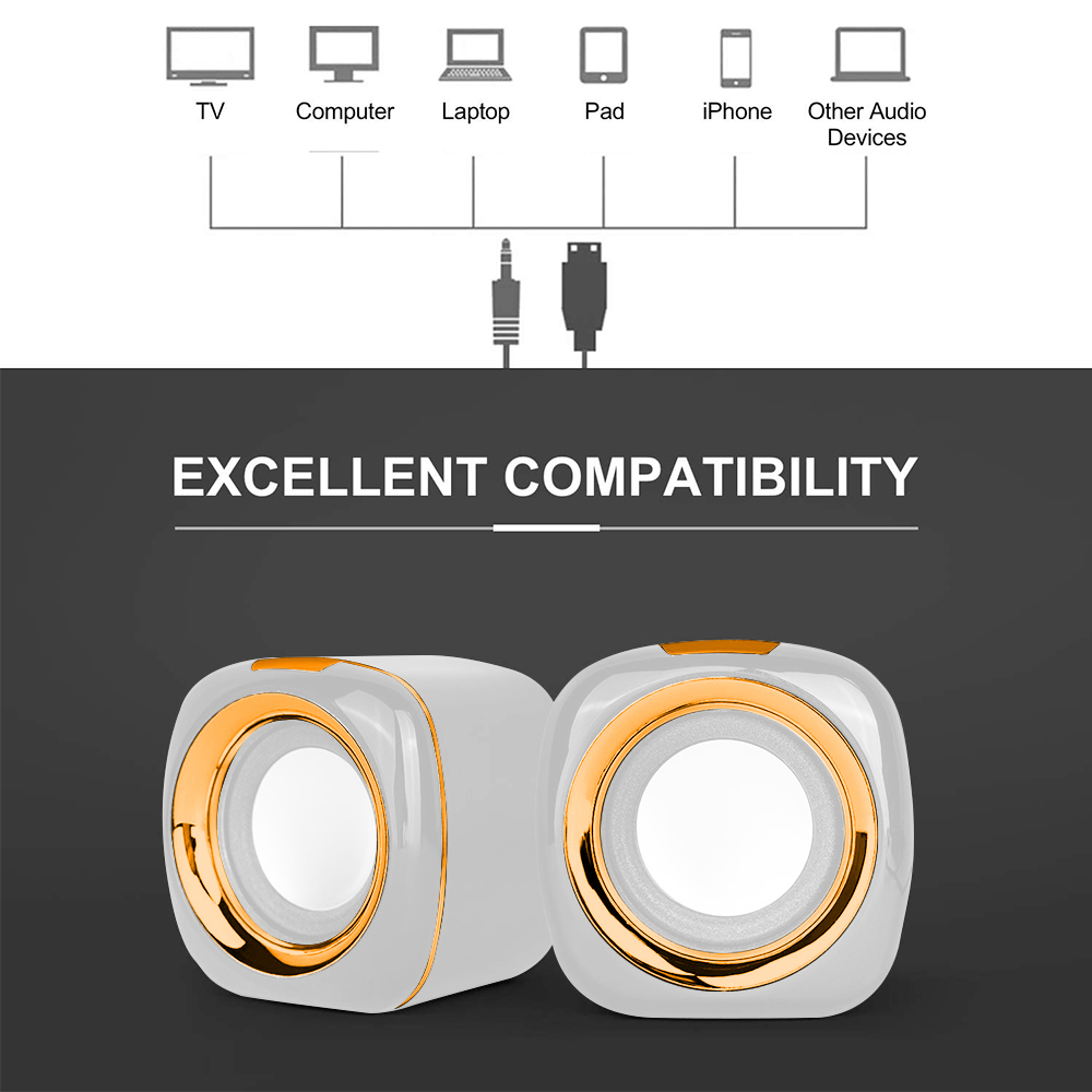 Zwei weiße Lautsprecher mit goldenen Ringen unter Geräte-Symbolen. Über den Lautsprechern steht 'EXCELLENT COMPATIBILITY'.
