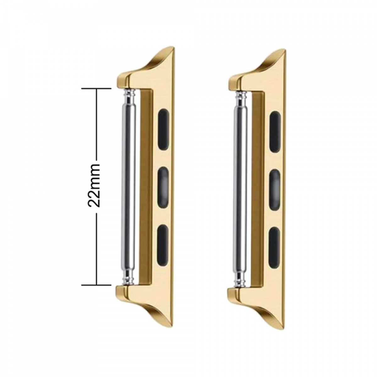 Zwei goldfarbene Uhrenarmbandbefestigungen mit schwarzen Schlitzen. Eine 22-mm-Messung wird angezeigt. Silberstangen sind für das Band innen.
