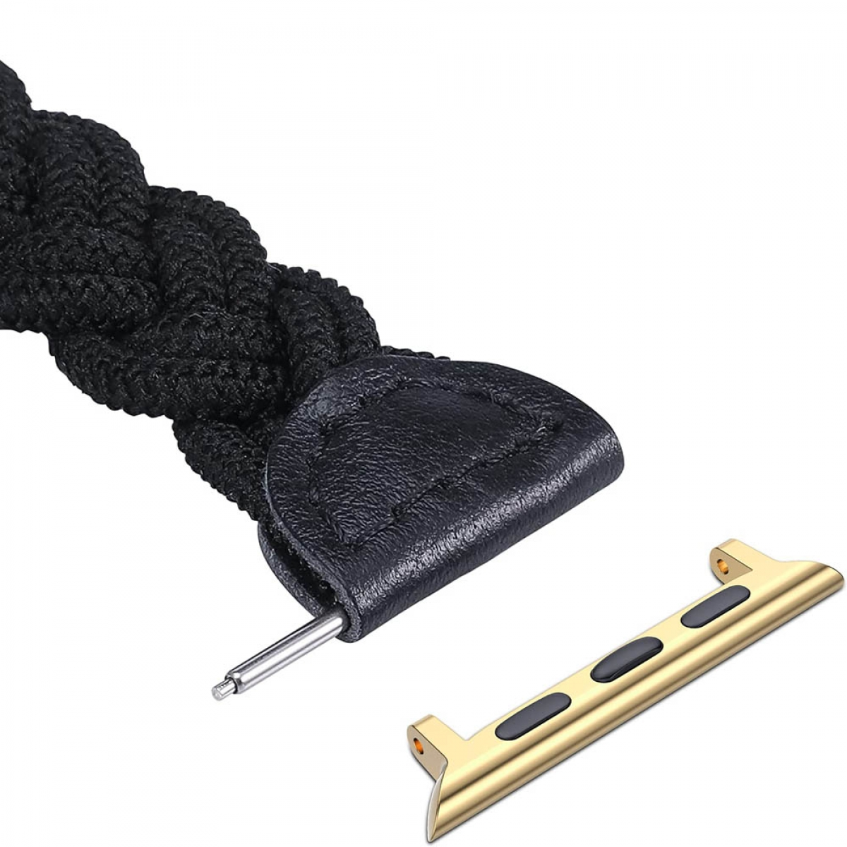 Schwarzes geflochtenes Uhrenarmband mit goldfarbenem Stecker. Lederdetail am Band. Weißer Hintergrund.