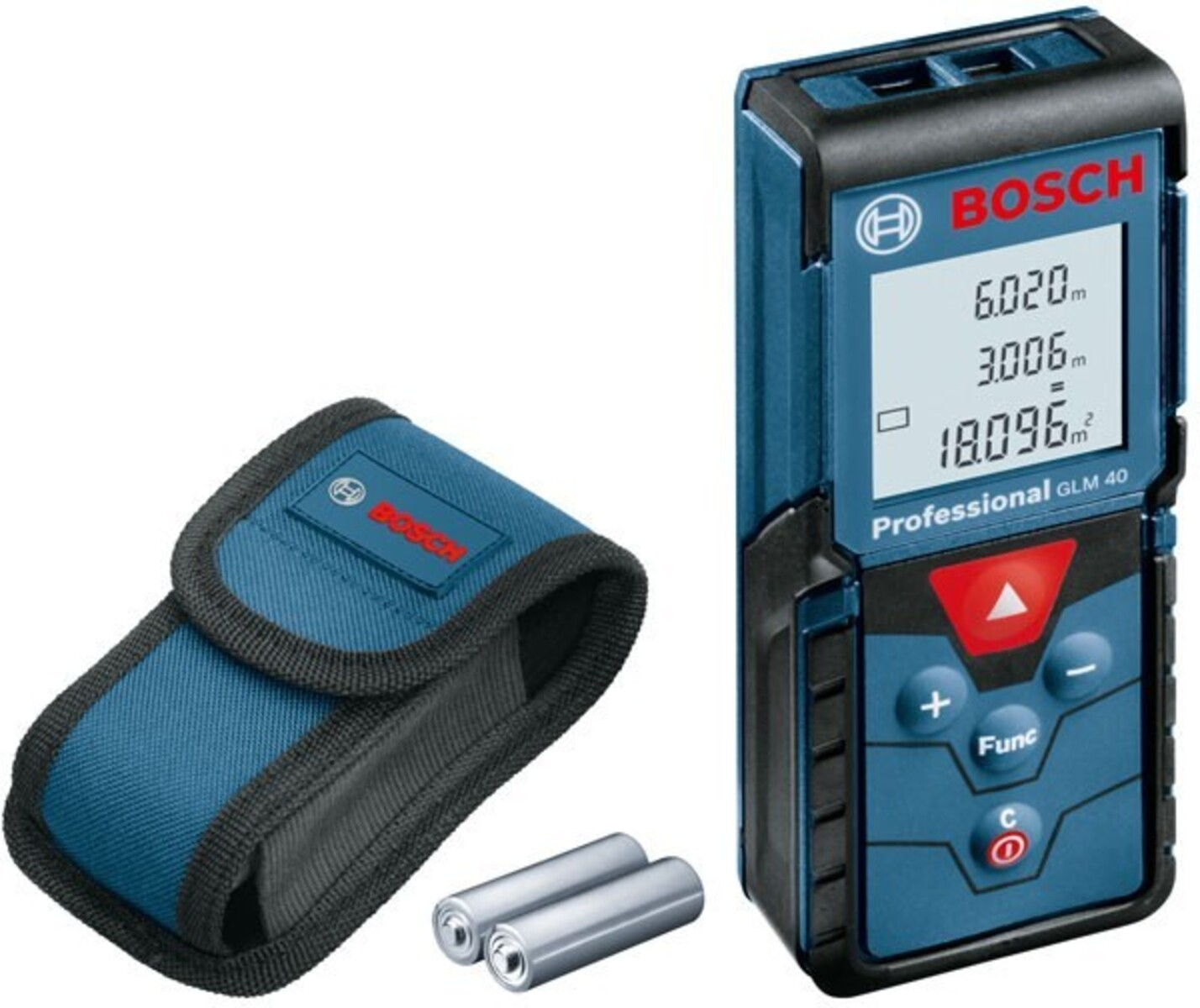 Bosch Laser-Entfernungsmesser, blau und schwarz, mit Etui und Batterien. Bildschirm zeigt Messungen. Bosch-Logo sichtbar.