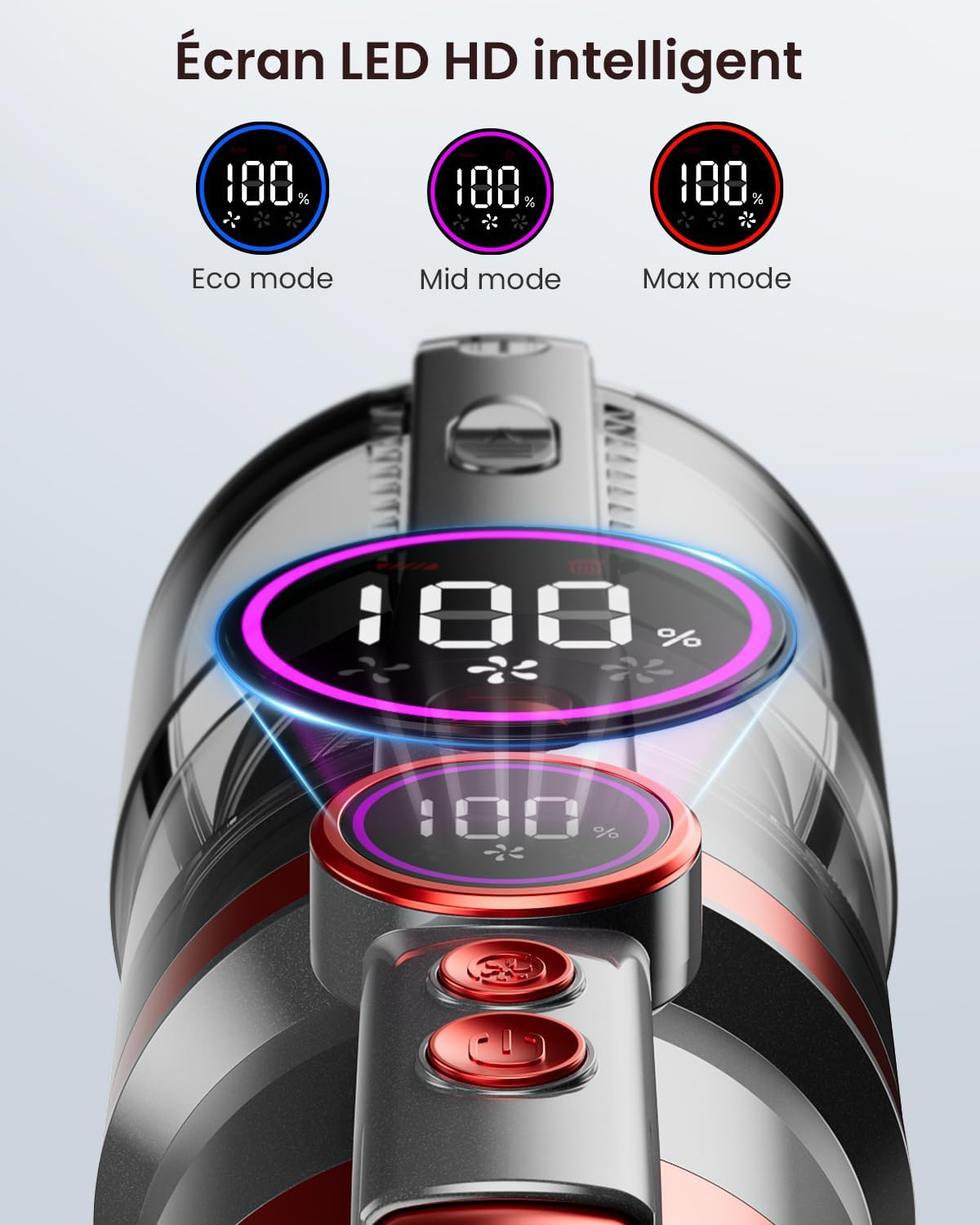 Zbliżenie odkurzacza pokazujące trzy tryby z 100% baterii. Każdy tryb ma inny kolor.