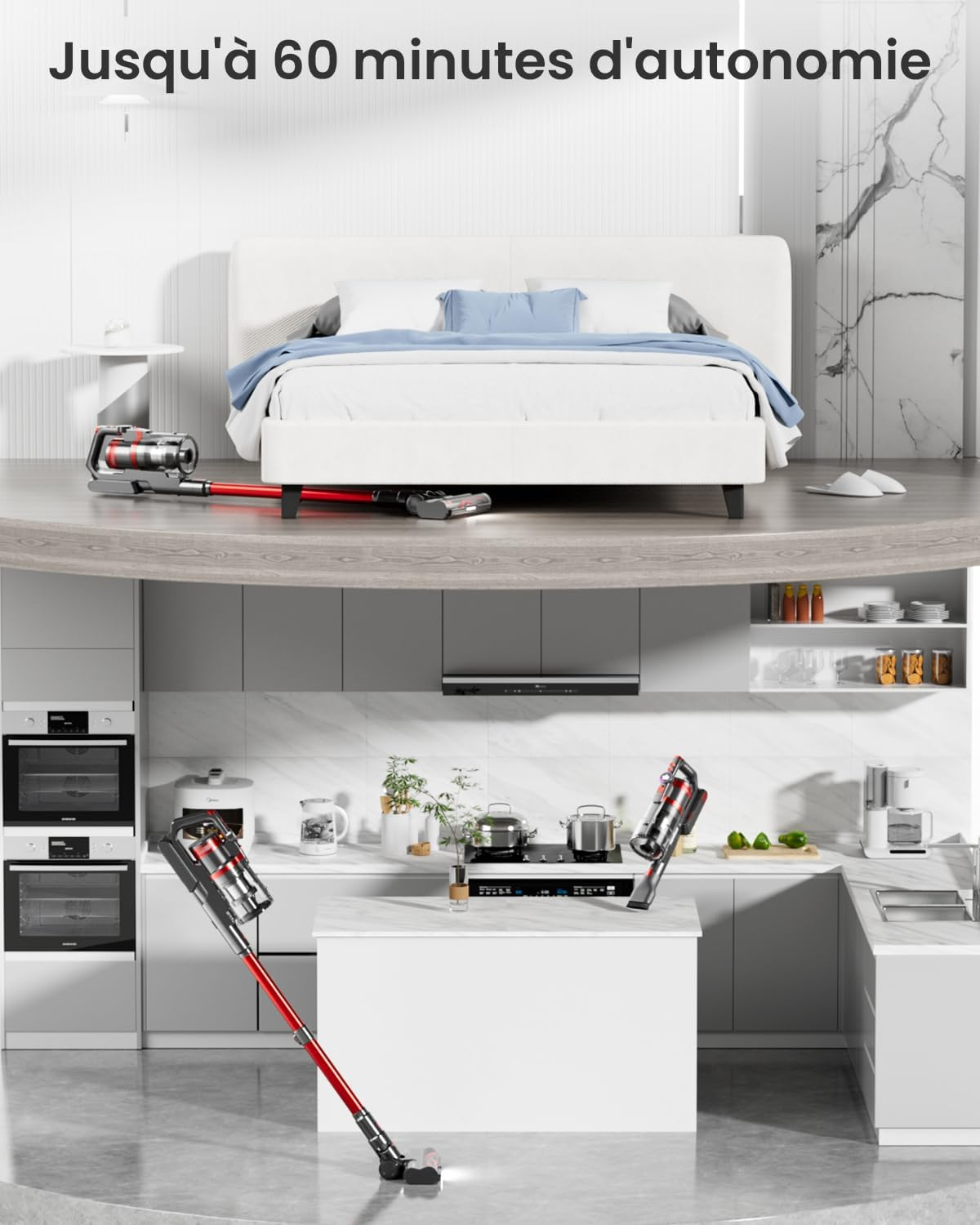 Odkurzacz pokazany w sypialni i kuchni. W sypialni jest łóżko, a w kuchni urządzenia i blat.