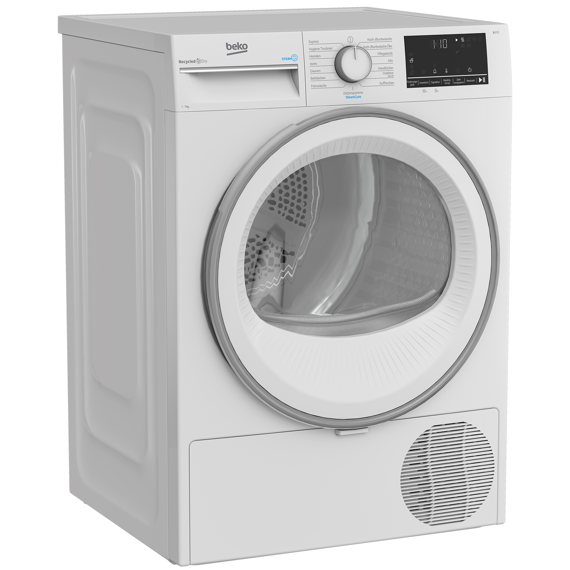 Ein weißer Beko-Trockner mit großer, kreisförmiger Tür und Bedienfeld. Der Trockner ist für Wäsche konzipiert.