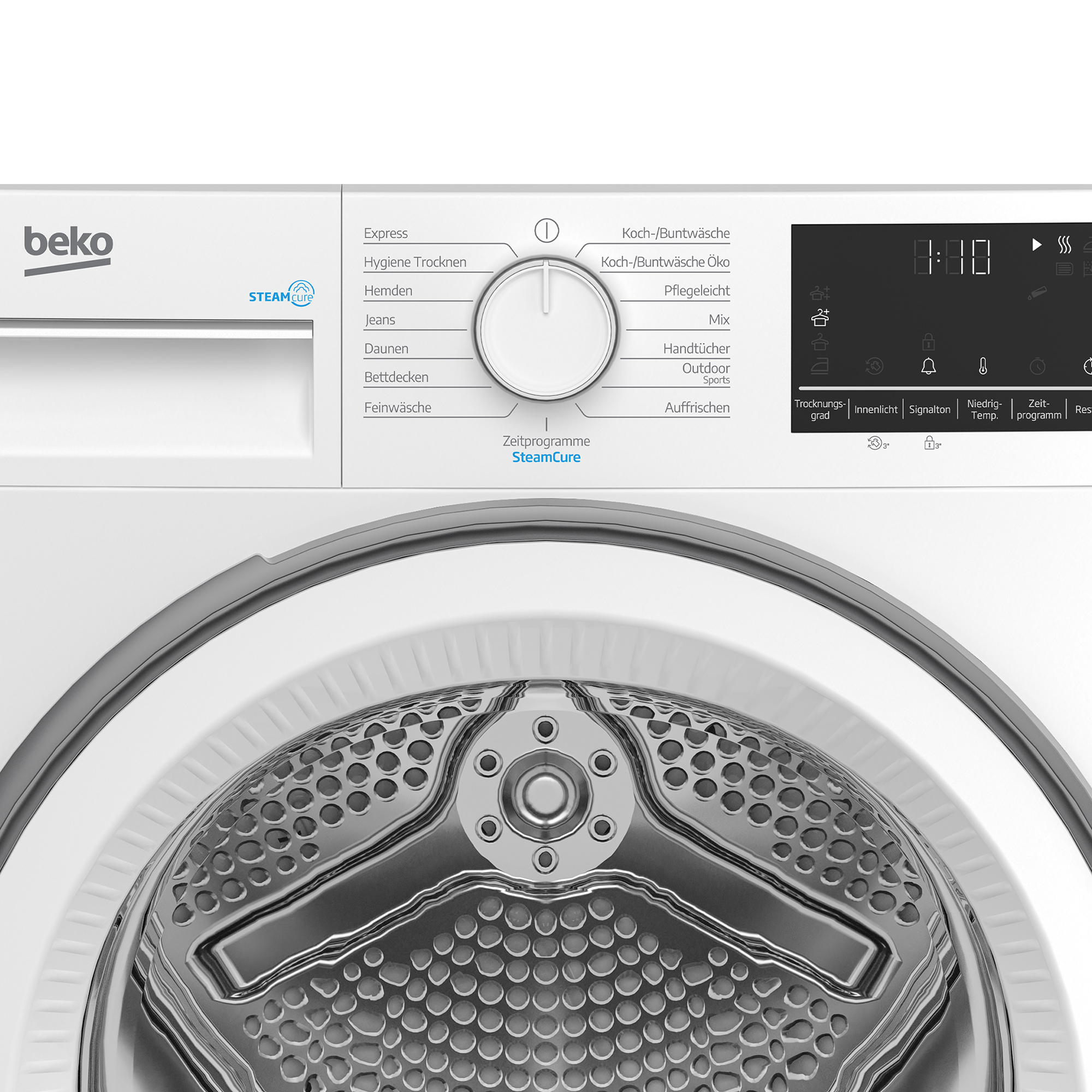 Ein weißer Beko-Trockner. Er hat ein Bedienfeld mit Programmen und eine Digitalanzeige mit der Uhrzeit. Die Trommel ist sichtbar.