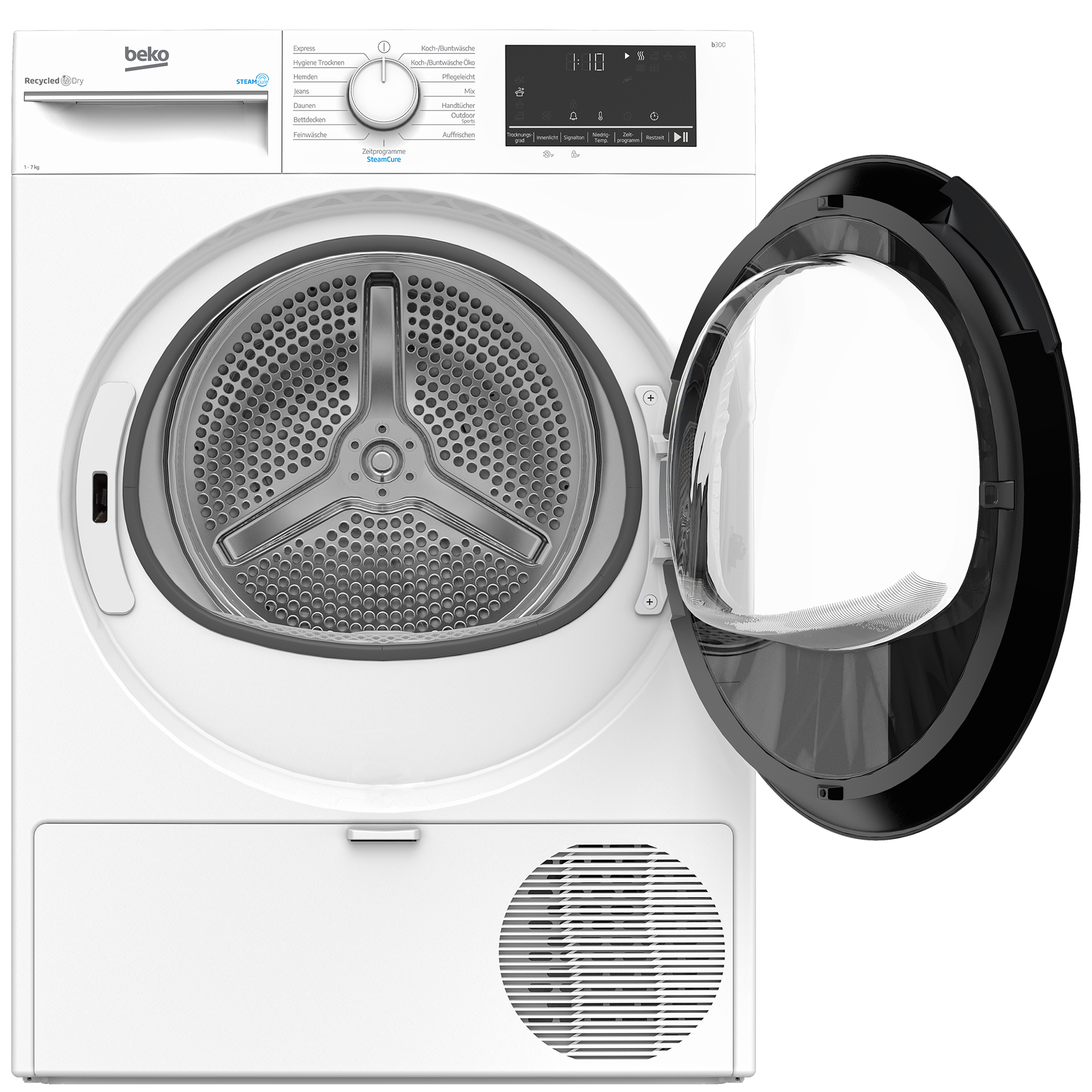 Ein weißer Beko-Trockner mit offener schwarzer Tür. Innen ist eine perforierte Trommel sichtbar. Bedienelemente oben.
