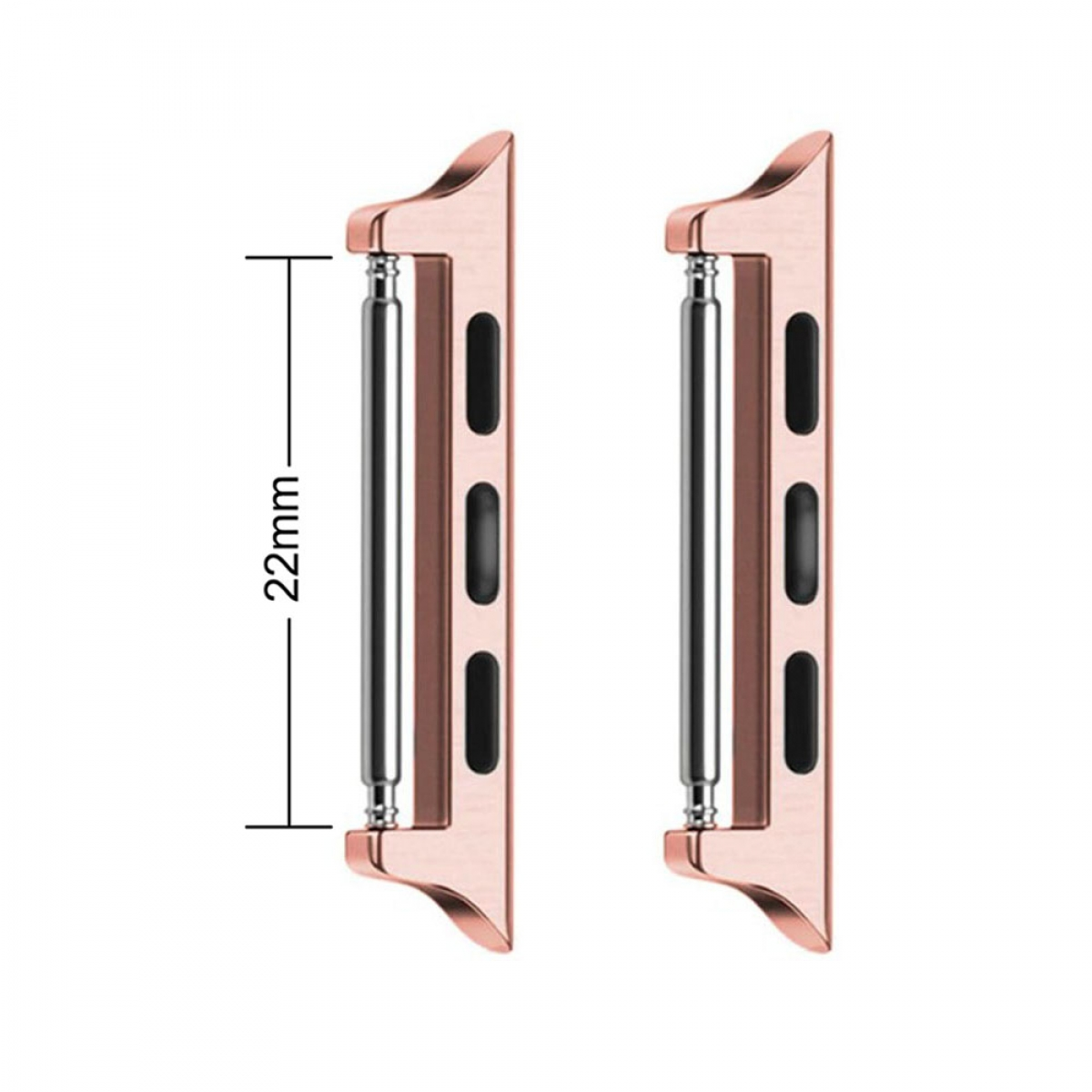 Zwei roségoldene Uhrenbandverbinder sind abgebildet. Einer hat ein Maß von 22 mm. Jeder hat drei schwarze Ovale.