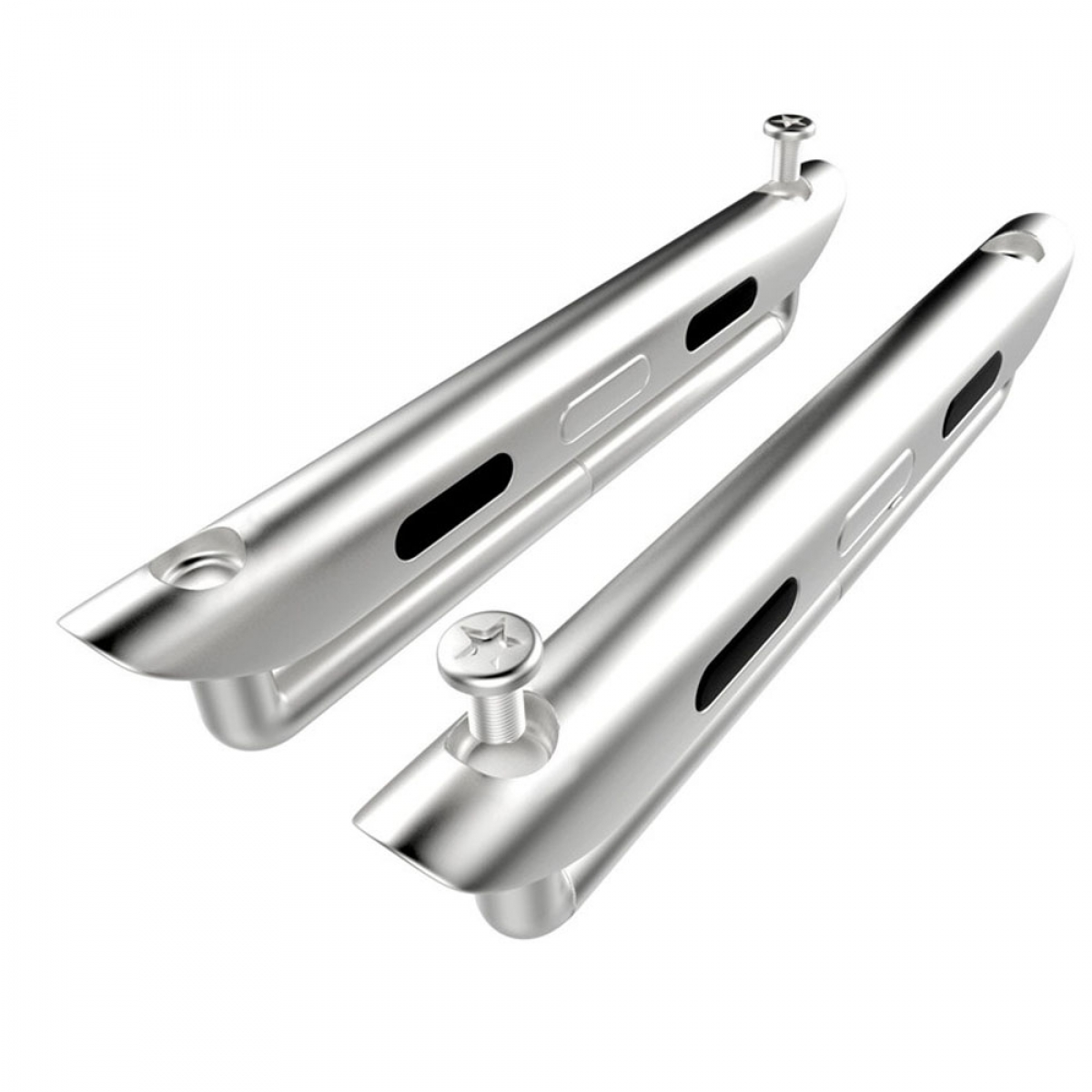 Zwei silberne Metallteile mit Schrauben, wahrscheinlich für ein Gerät. Jedes hat schwarze rechteckige Löcher und eine abgerundete Form.
