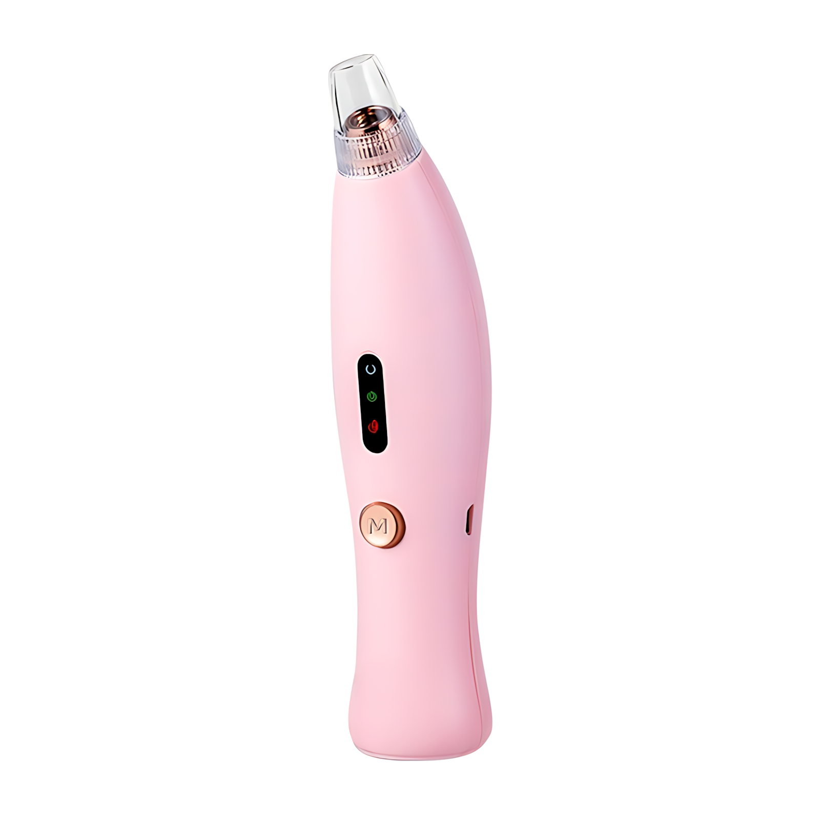 Ein rosa Poren-Vakuumreiniger. Es hat eine transparente Spitze und Knöpfe. Der Hintergrund ist weiß.